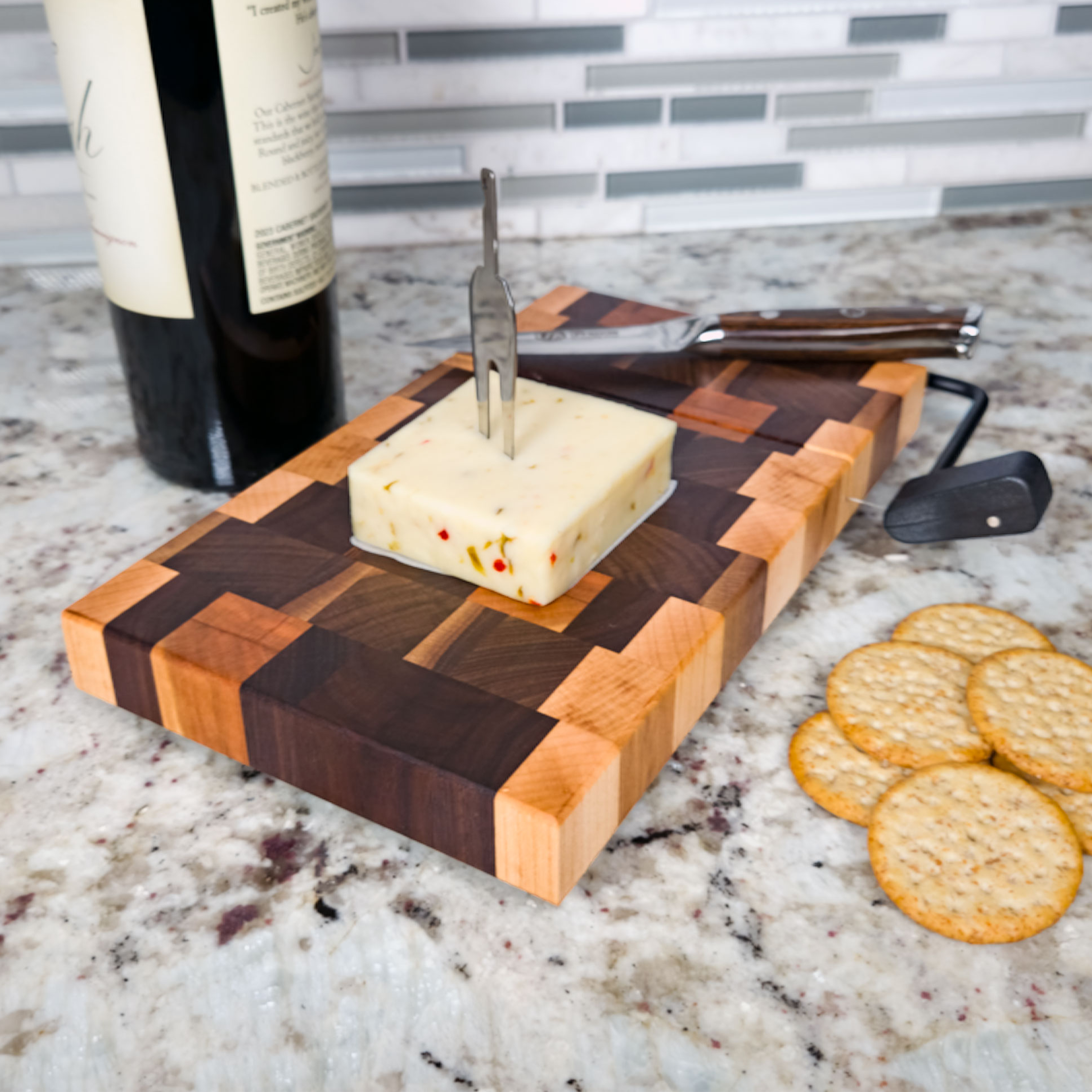 End grain maple, walnut, oak & cherry cheese slicer board with wire cutter, oiled hardwood