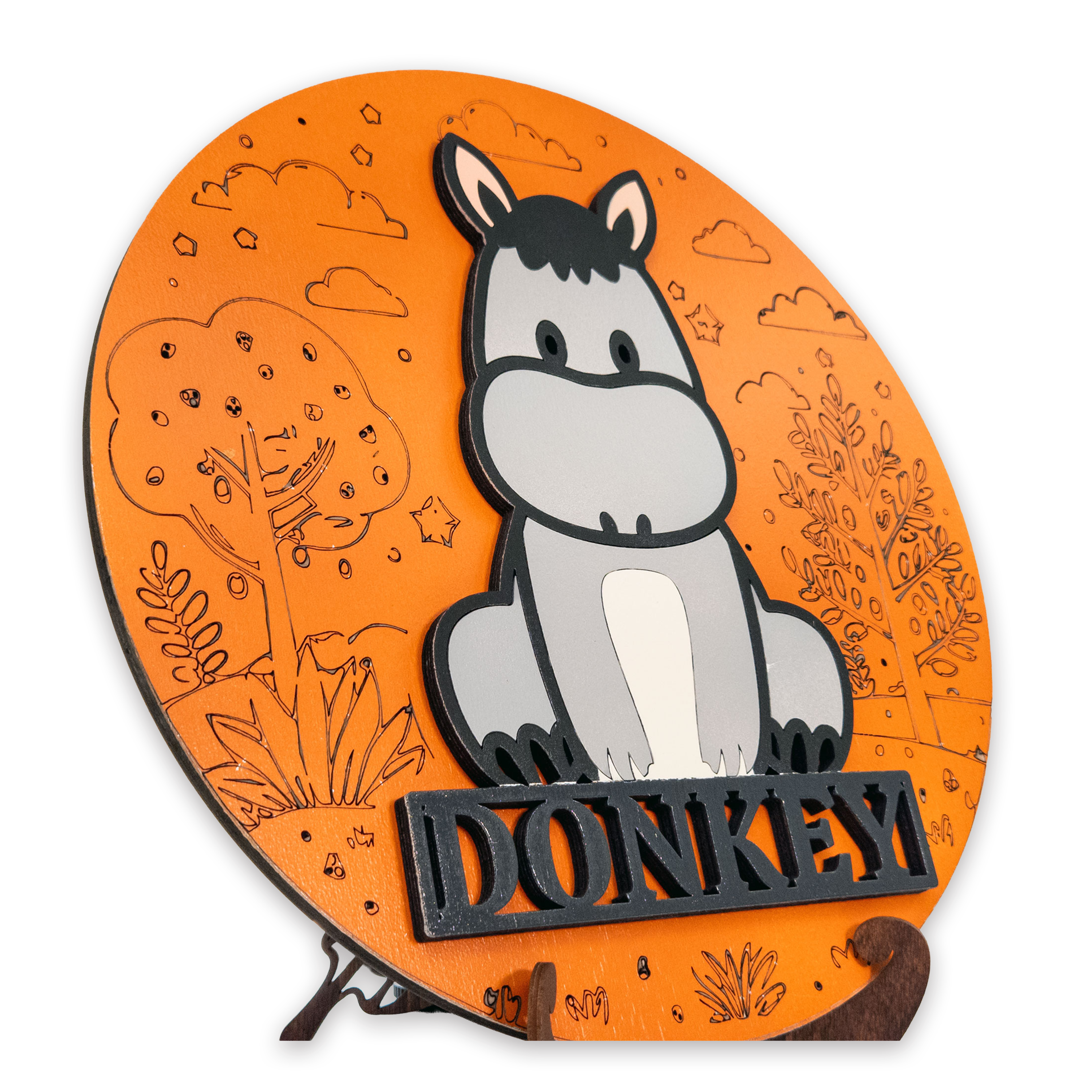Multilayer 3D laser-cut donkey name sign wall art, Baltic Birch Plywood