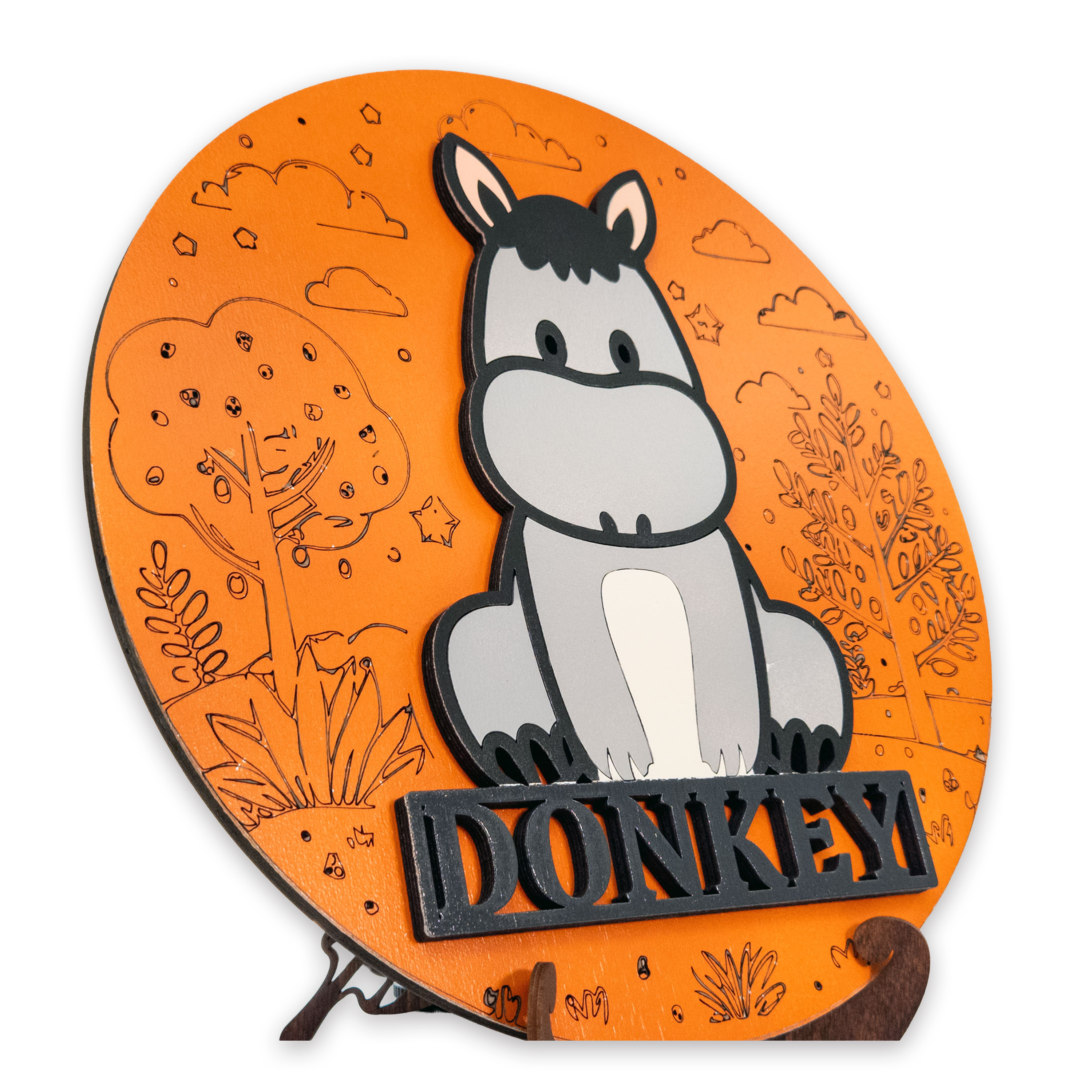 Multilayer 3D laser-cut donkey name sign wall art, Baltic Birch Plywood