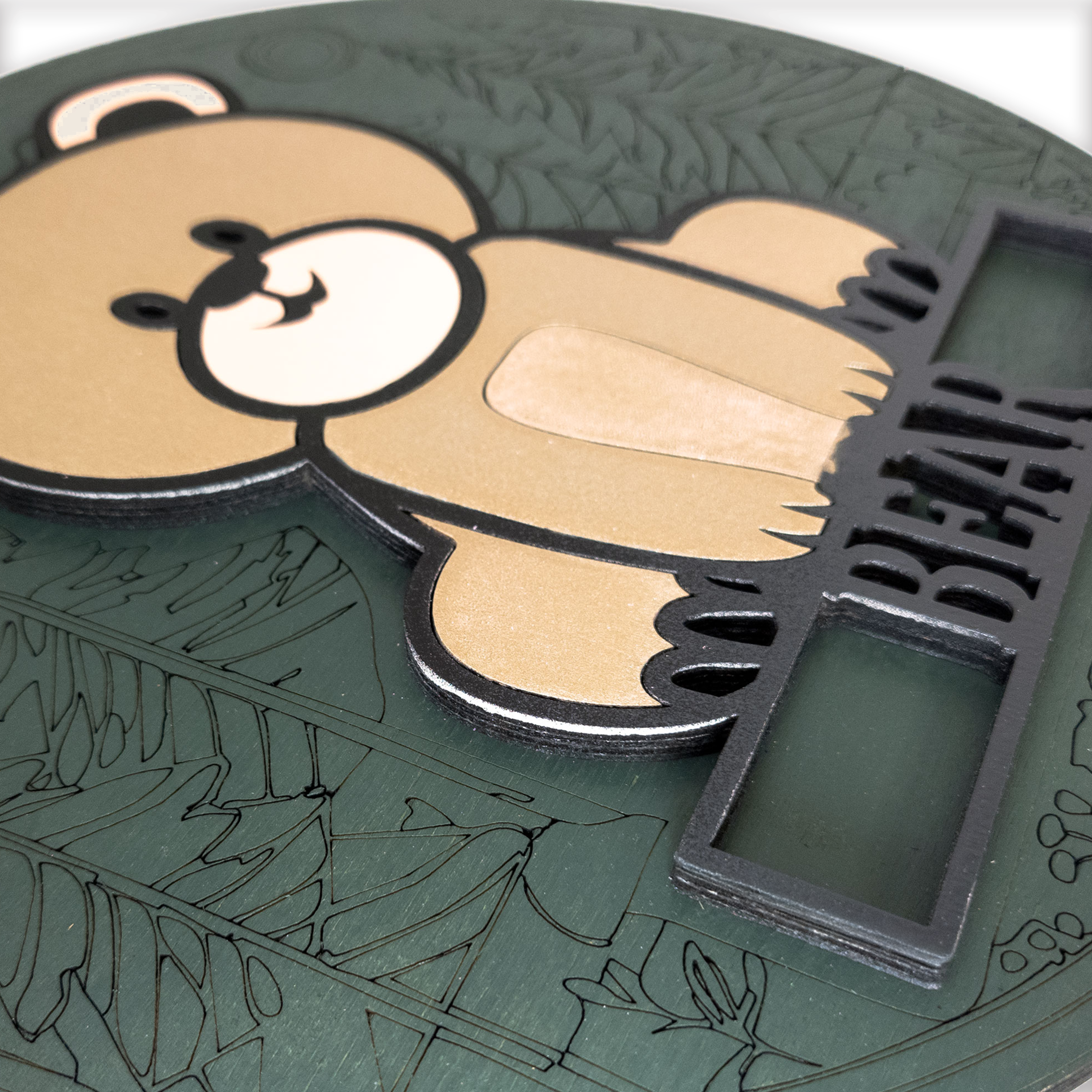 Multilayer 3D laser-cut baby bear name sign wall art, Baltic Birch Plywood