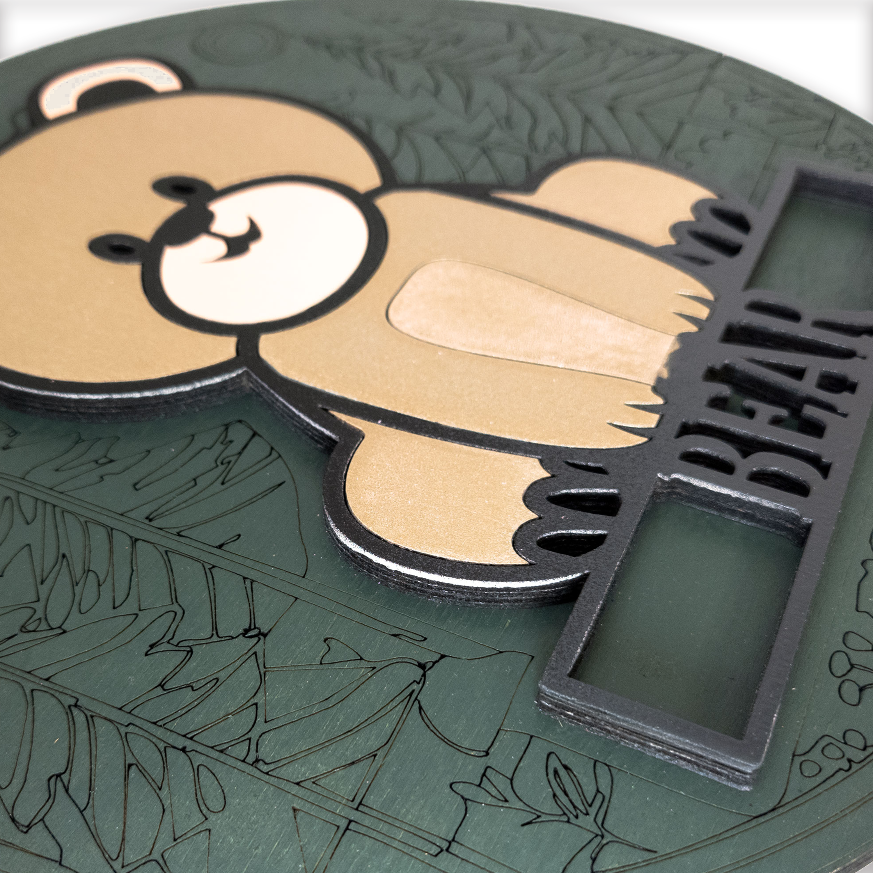 Multilayer 3D laser-cut baby bear name sign wall art, Baltic Birch Plywood