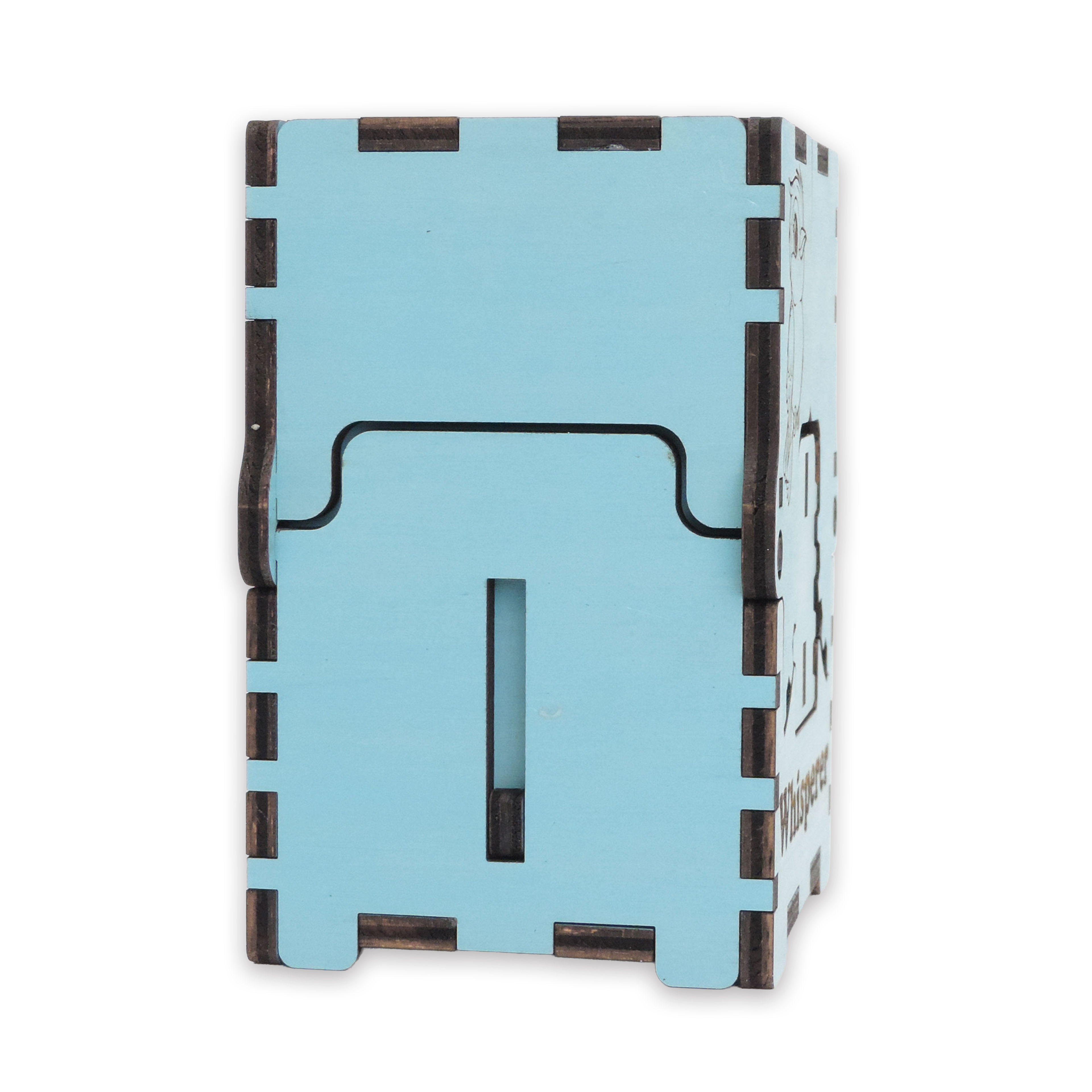 Laser-cut bird whisperer box, turquoise-painted birch plywood
