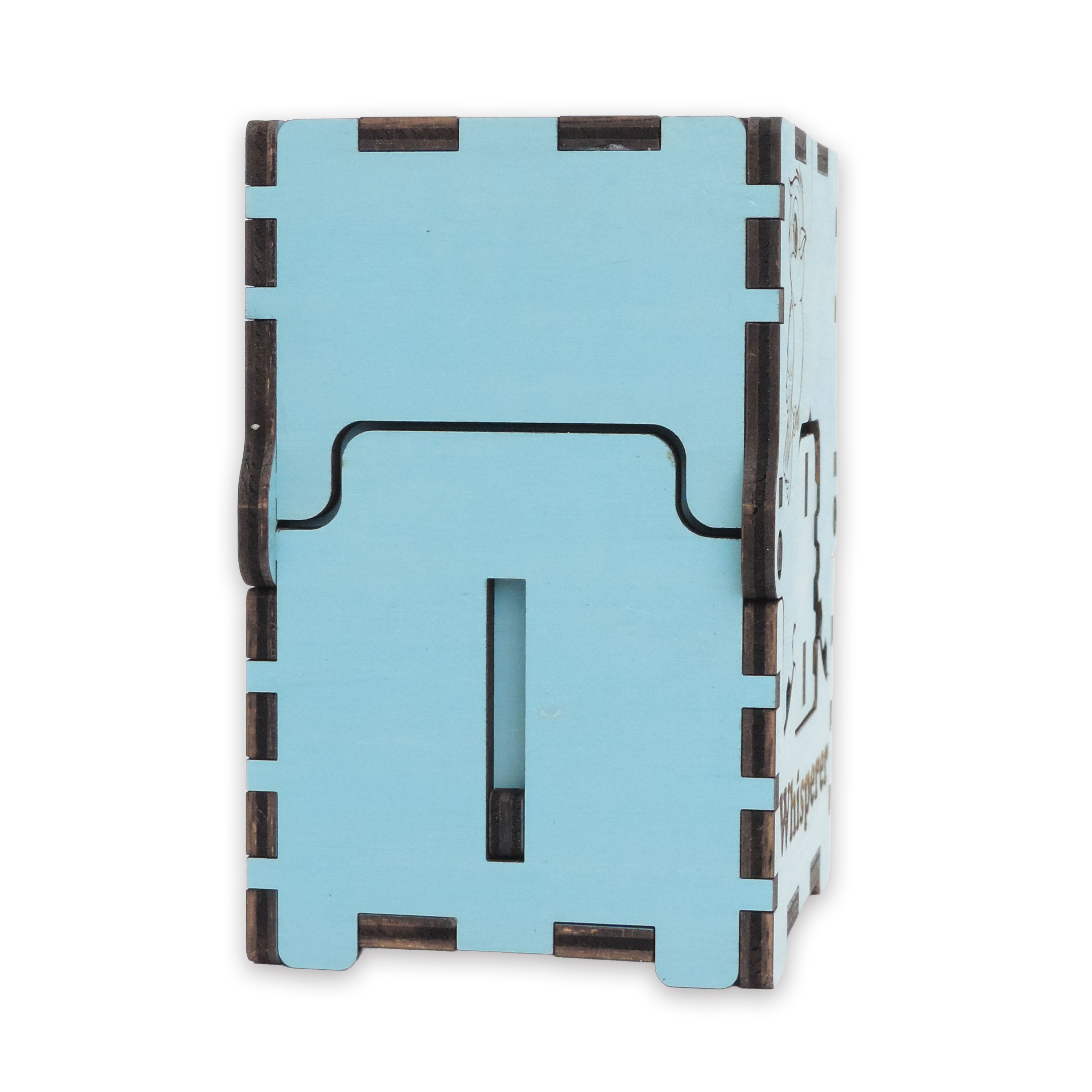 Laser-cut bird whisperer box, turquoise-painted birch plywood