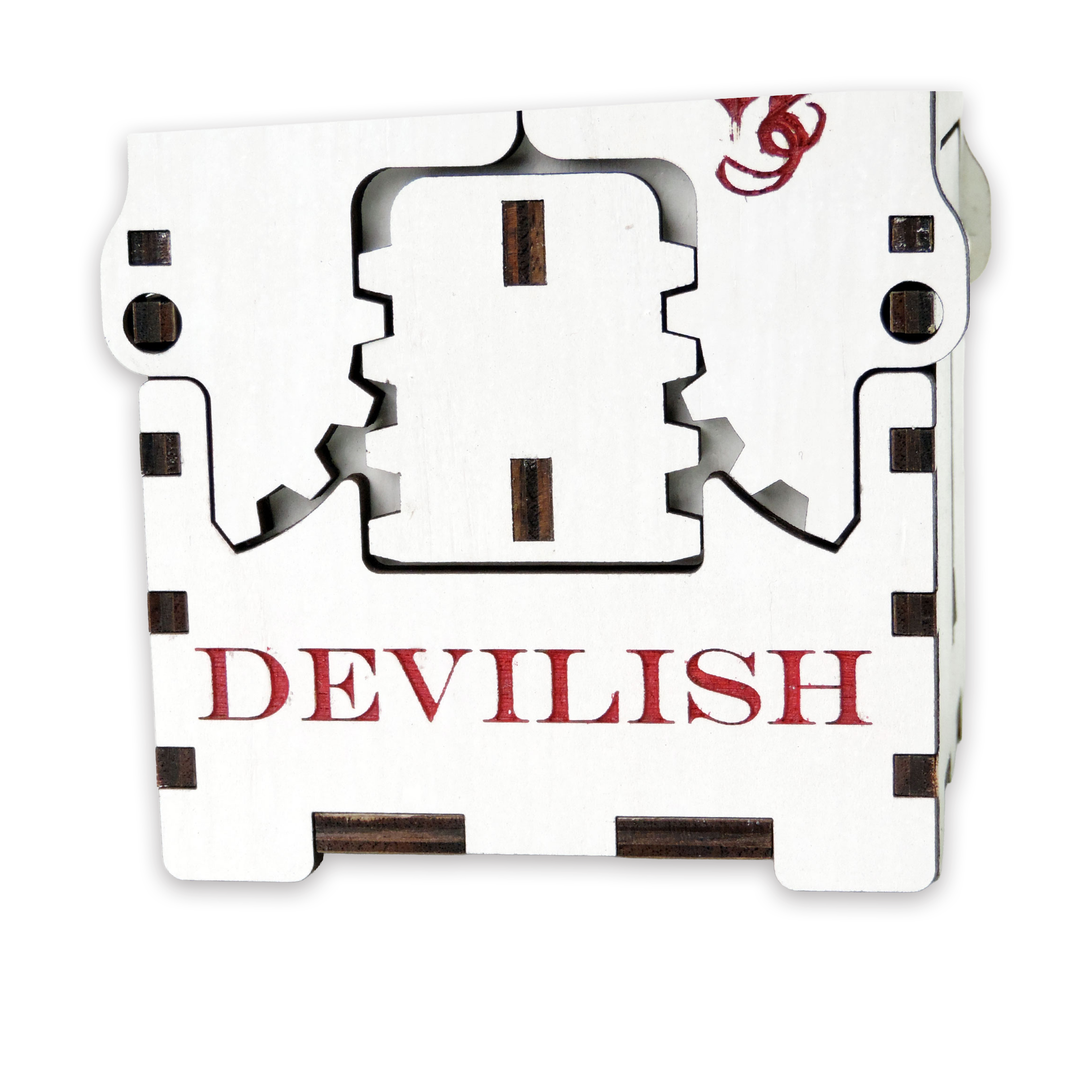 Laser-cut devilish box, white-painted birch plywood