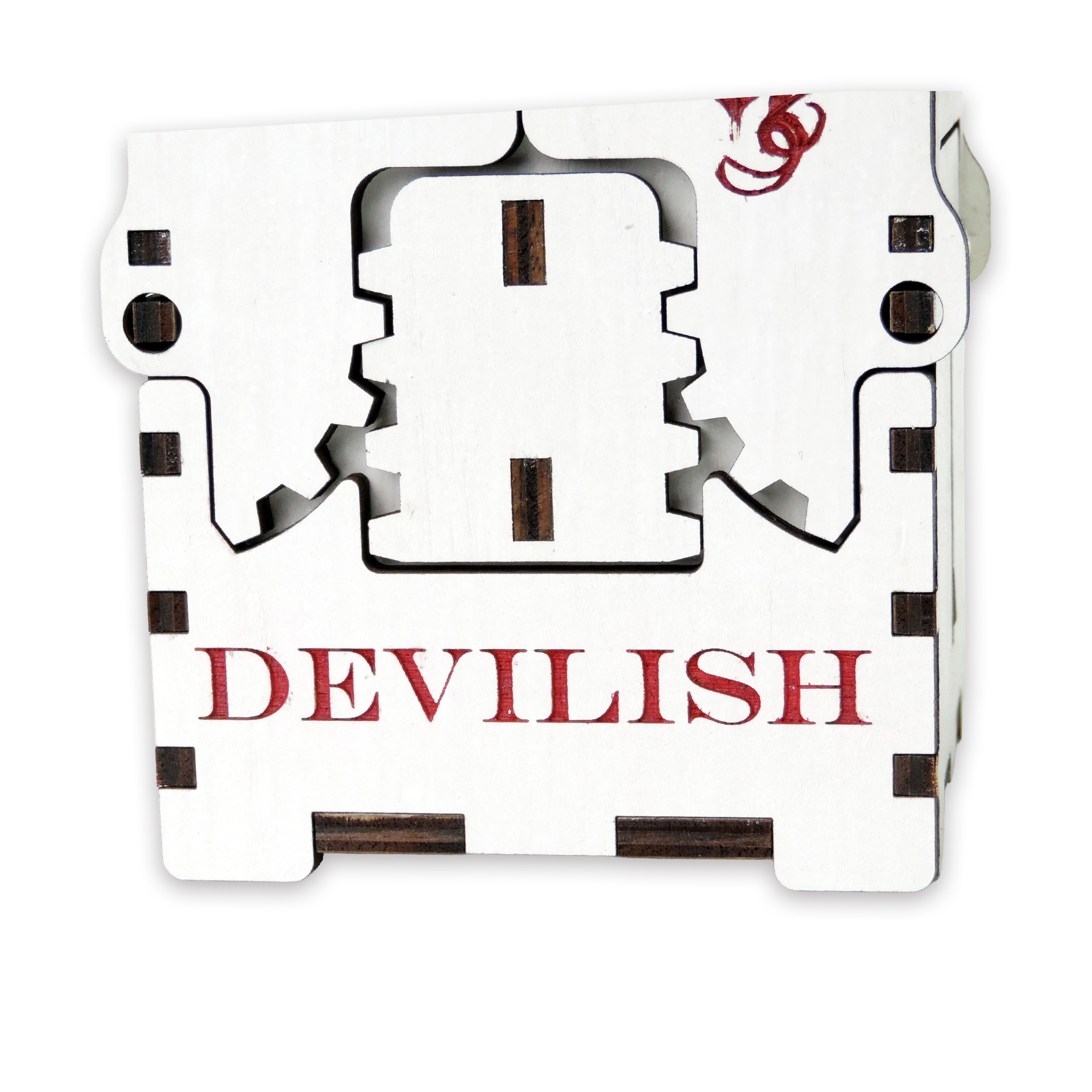 Laser-cut devilish box, white-painted birch plywood