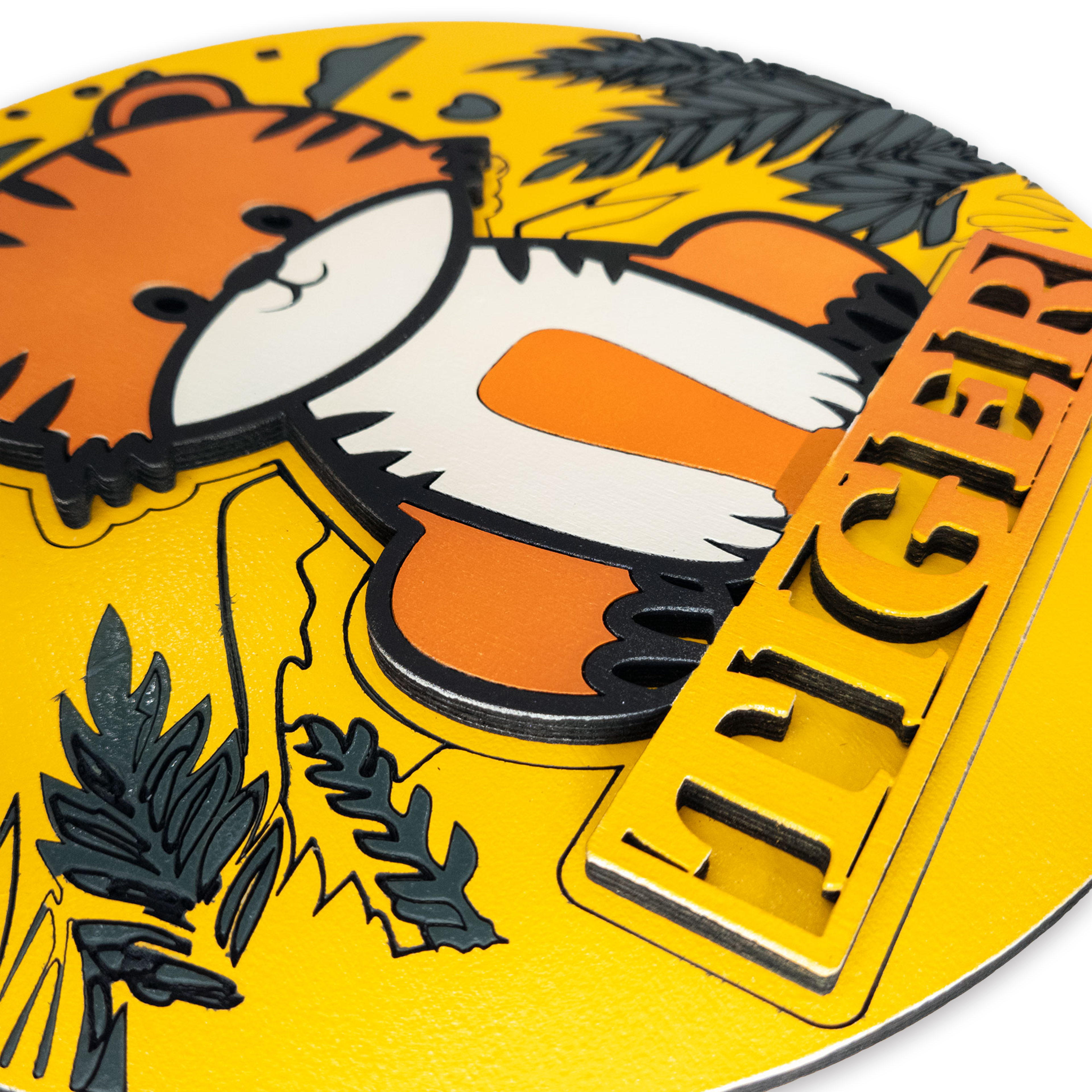 Multilayer 3D laser-cut tiger name sign wall art, Baltic Birch Plywood