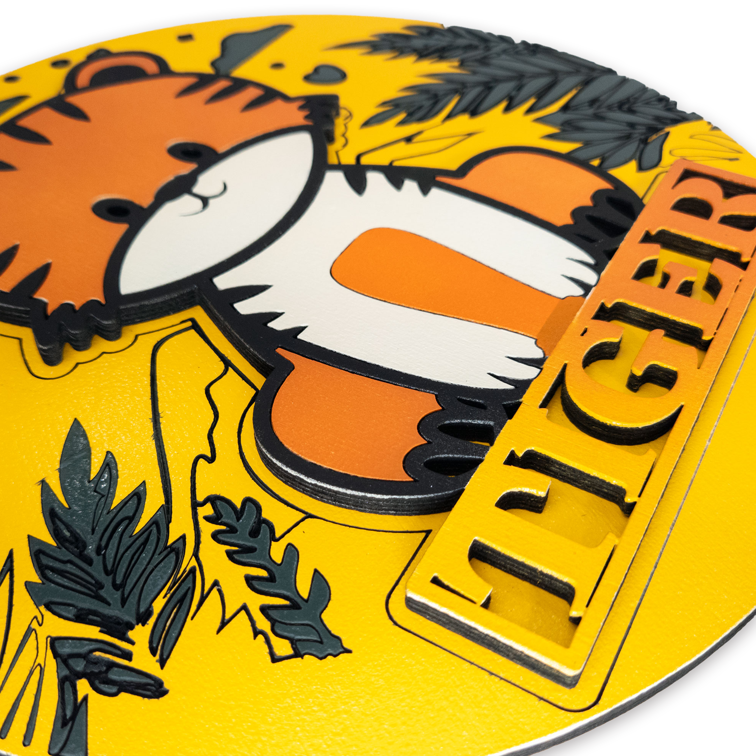 Multilayer 3D laser-cut tiger name sign wall art, Baltic Birch Plywood