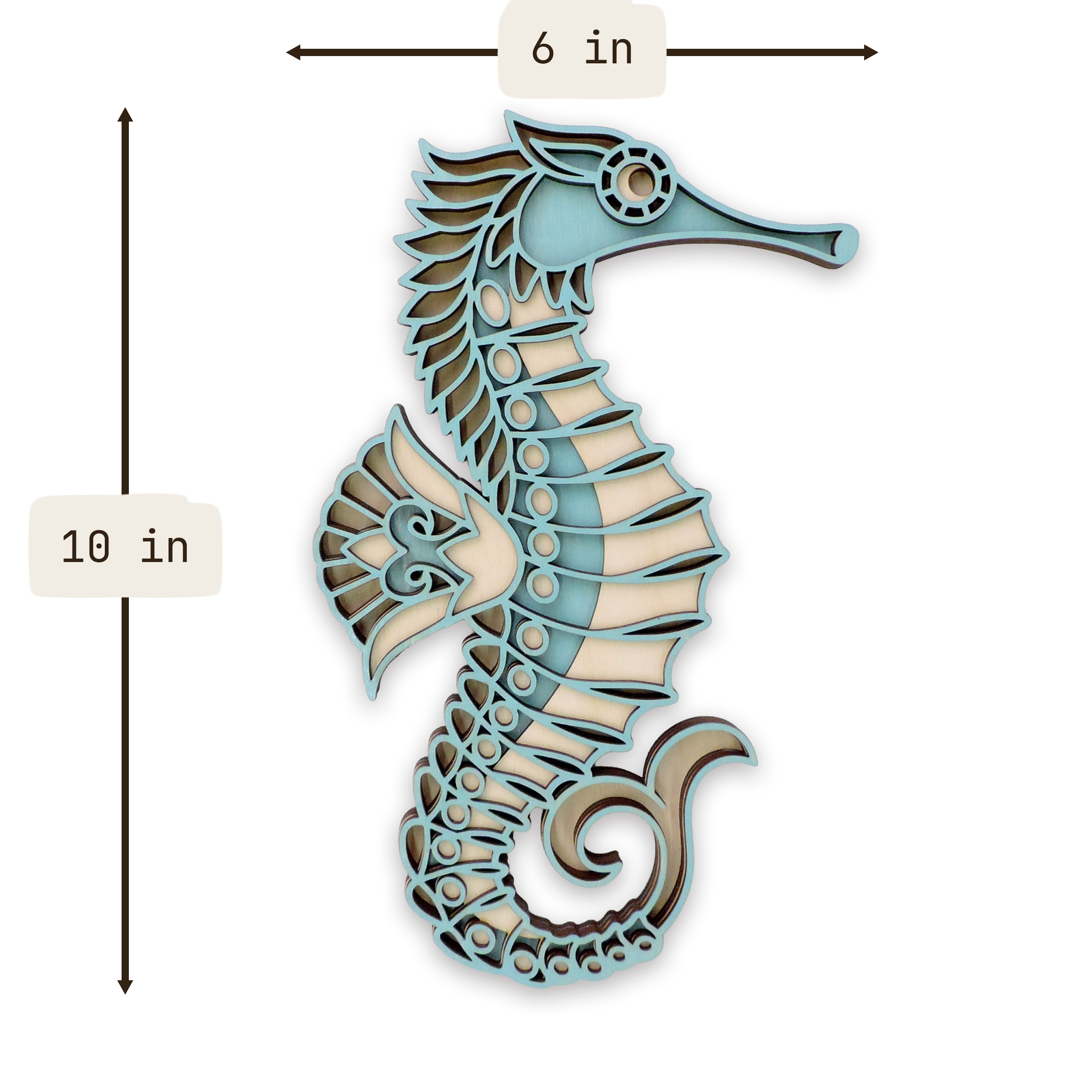 Multilayer 3D laser-cut seahorse wall art, Baltic Birch Plywood