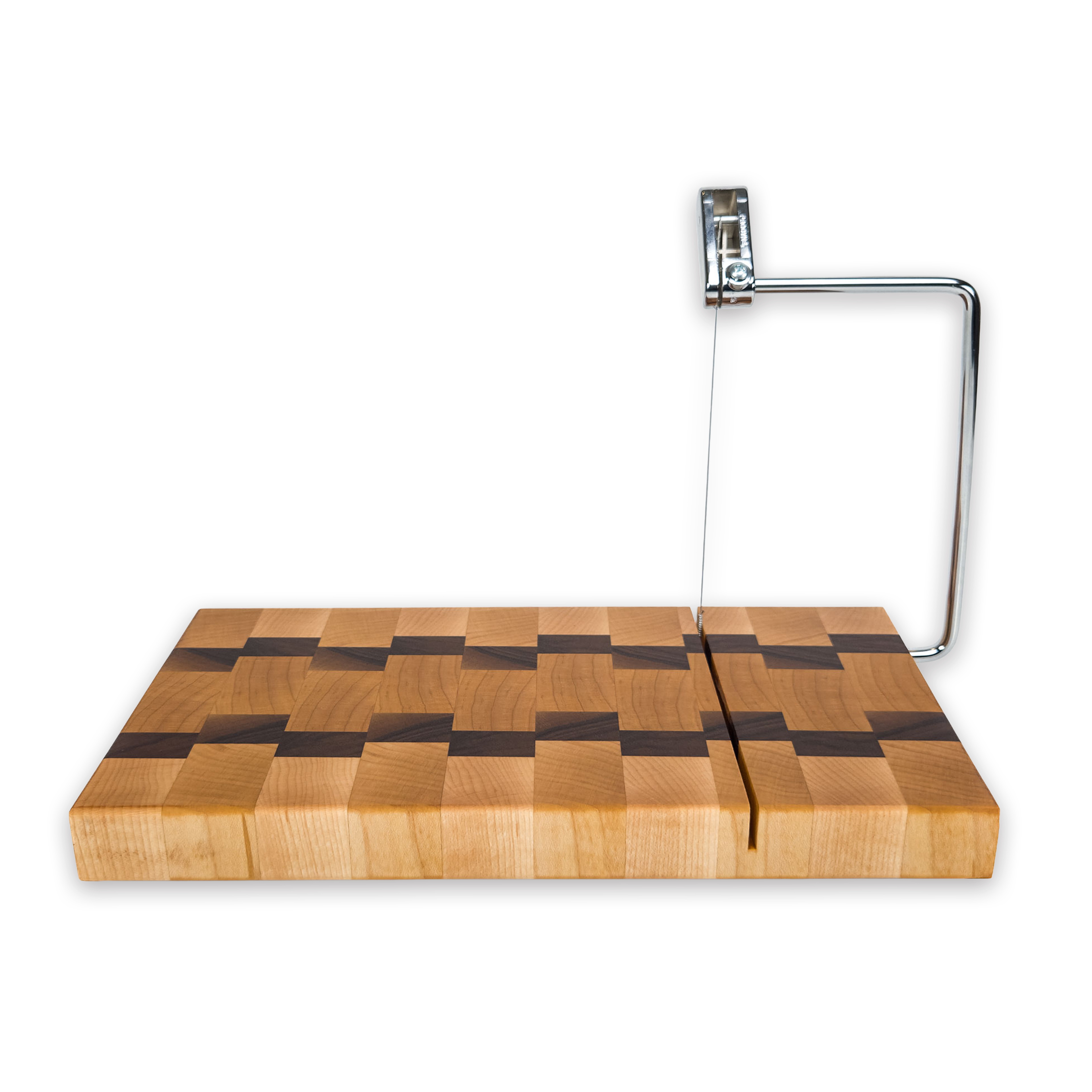 End grain maple & walnut cheese slicer board with wire cutter, oiled hardwood