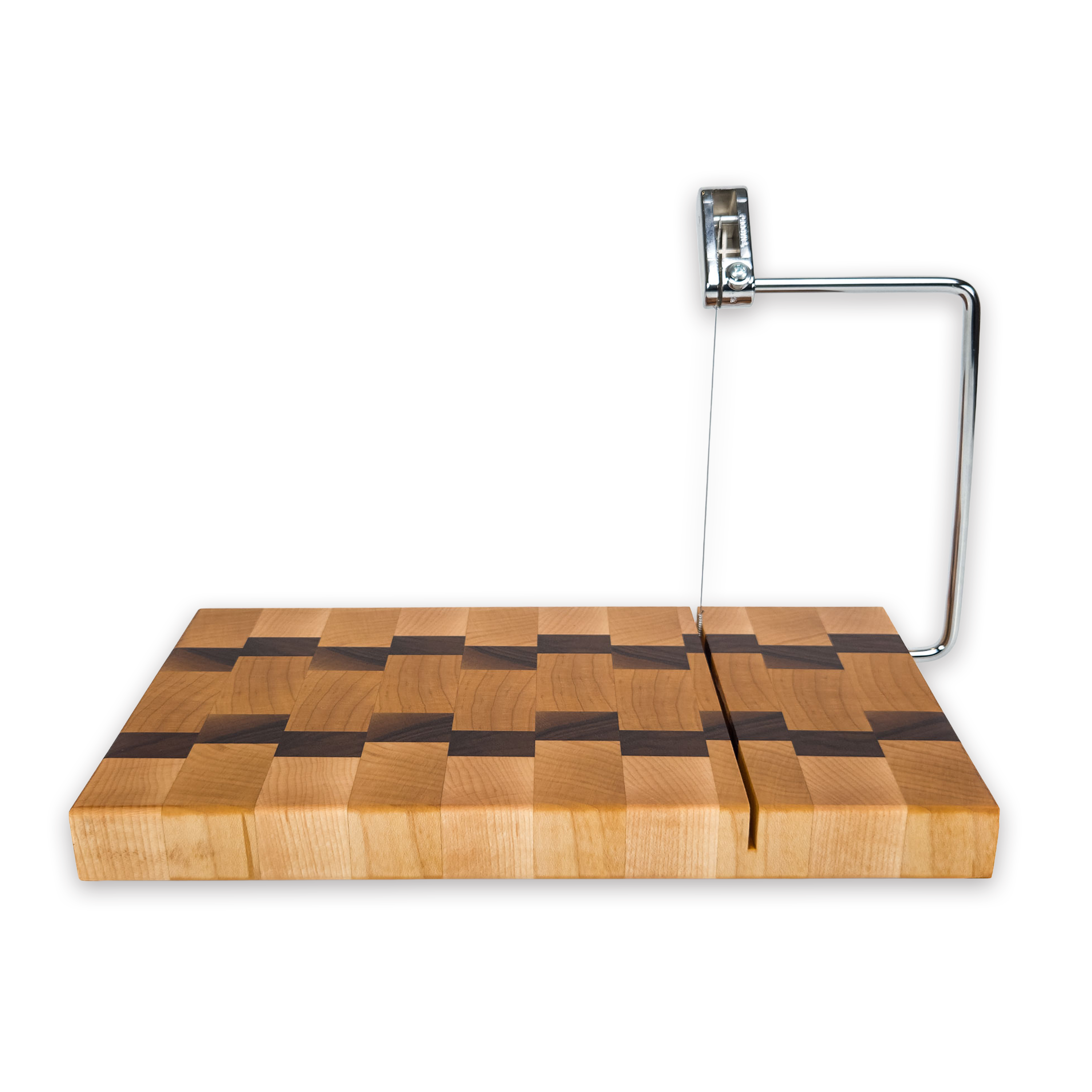 End grain maple & walnut cheese slicer board with wire cutter, oiled hardwood