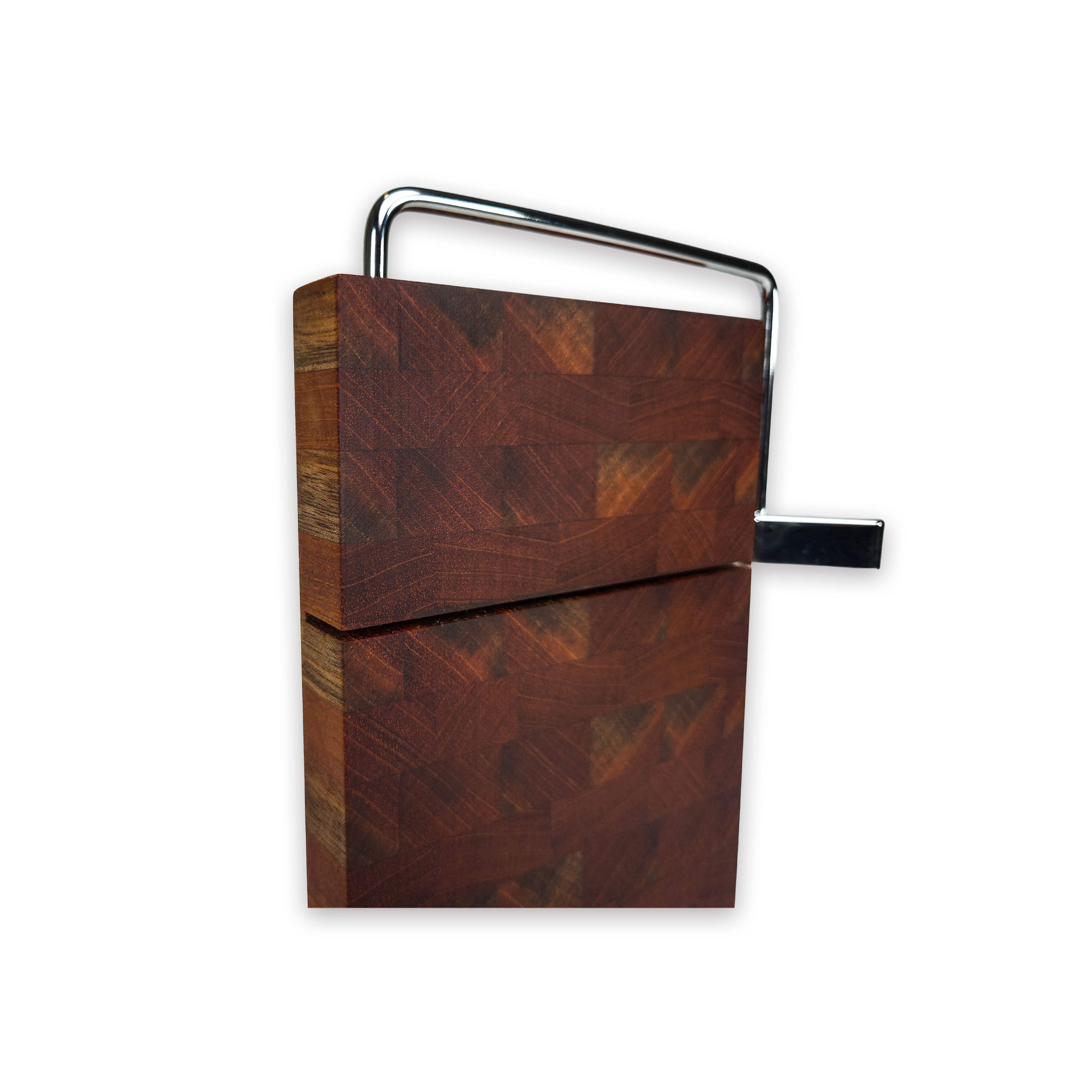 End grain walnut cheese slicer board with wire cutter, oiled hardwood