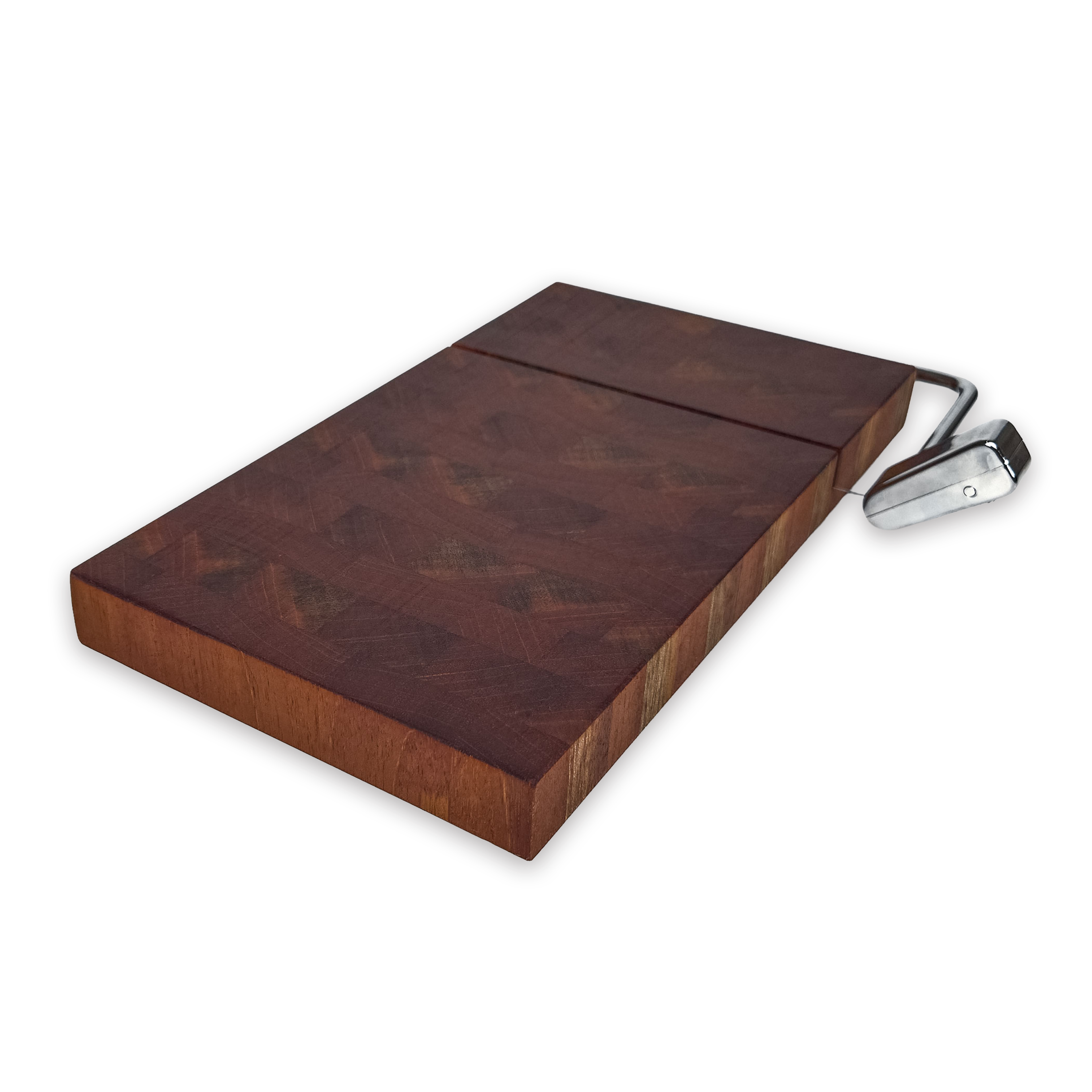 End grain walnut cheese slicer board with wire cutter, oiled hardwood