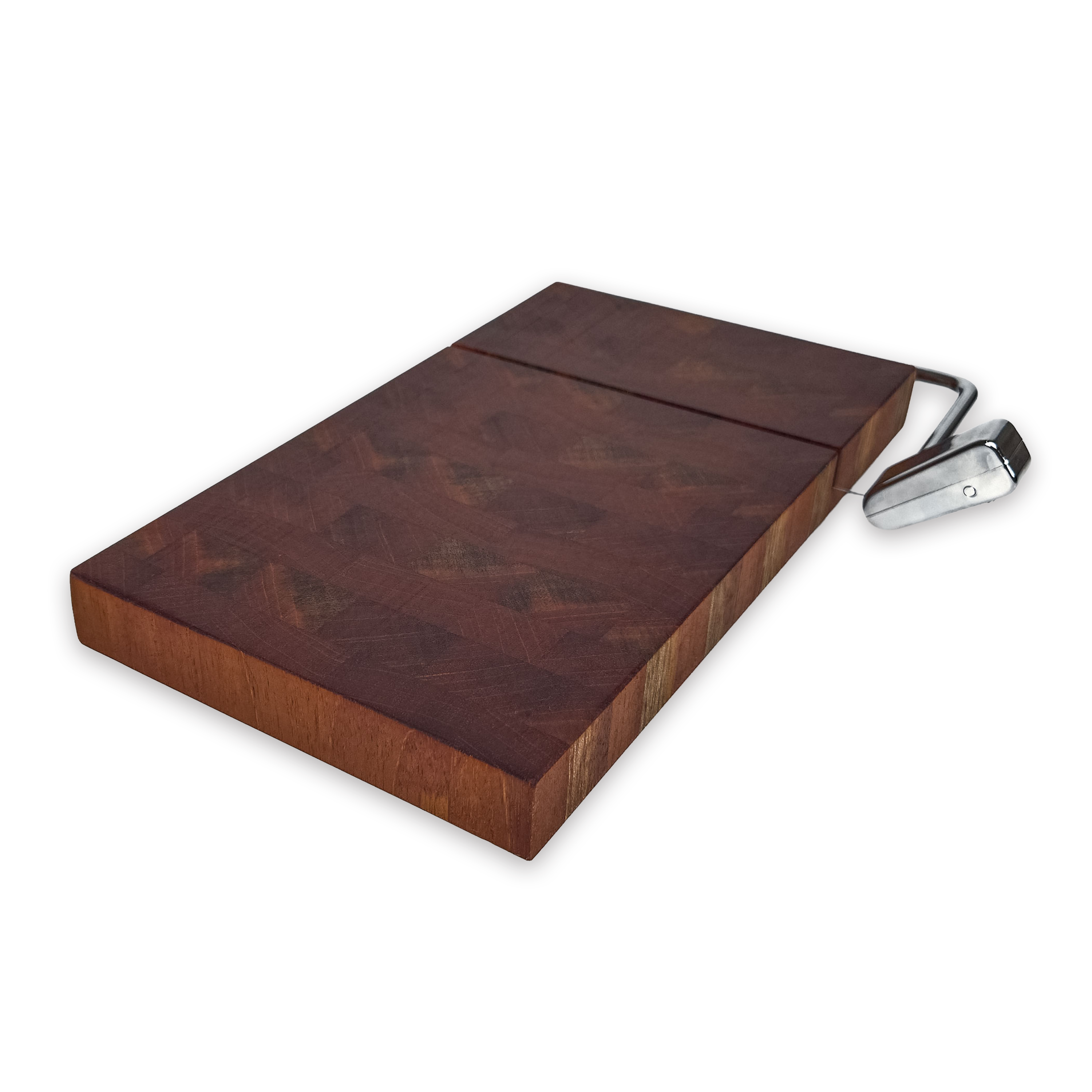 End grain walnut cheese slicer board with wire cutter, oiled hardwood