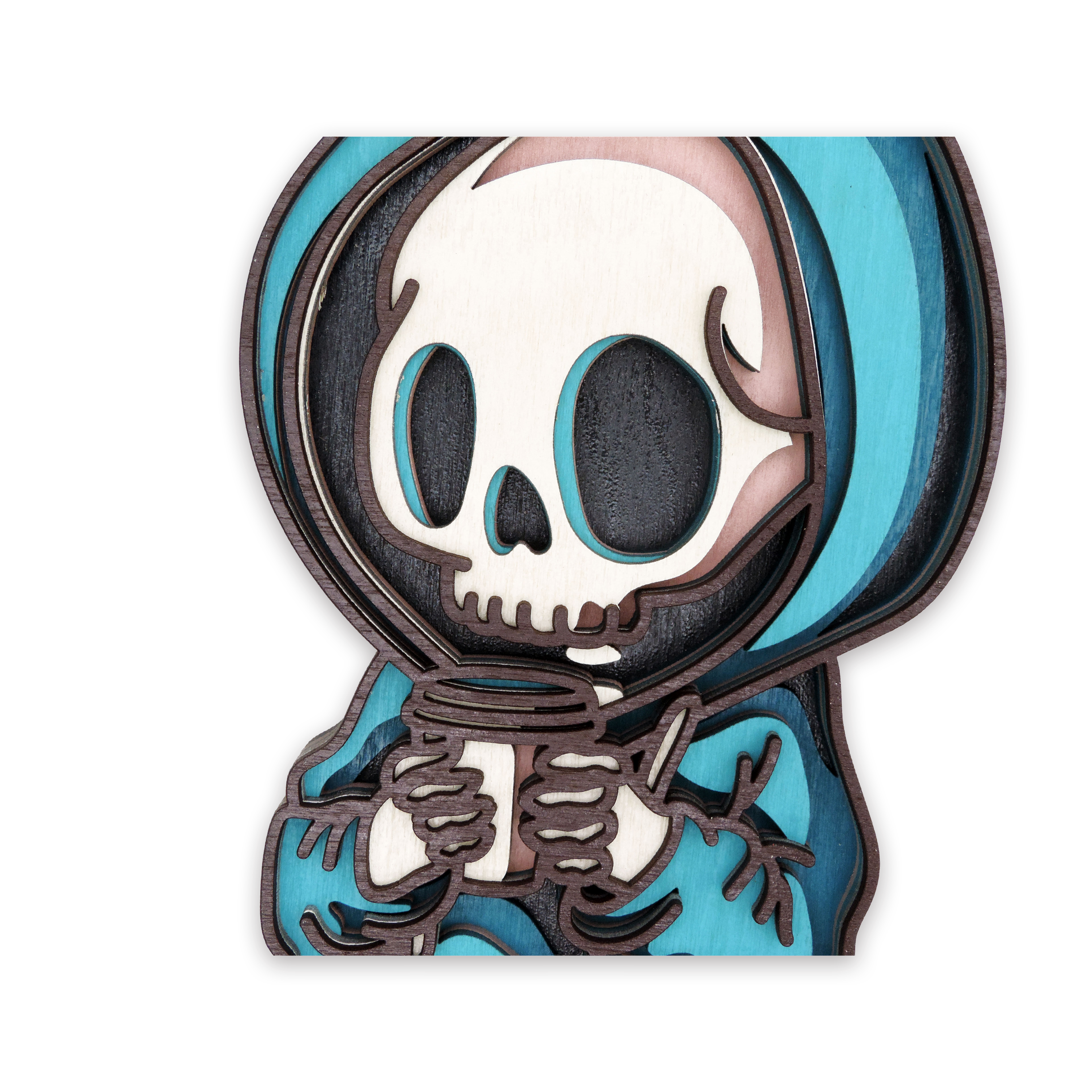 Multilayer 3D laser-cut hoodie coffee skeleton wall art, Baltic Birch Plywood