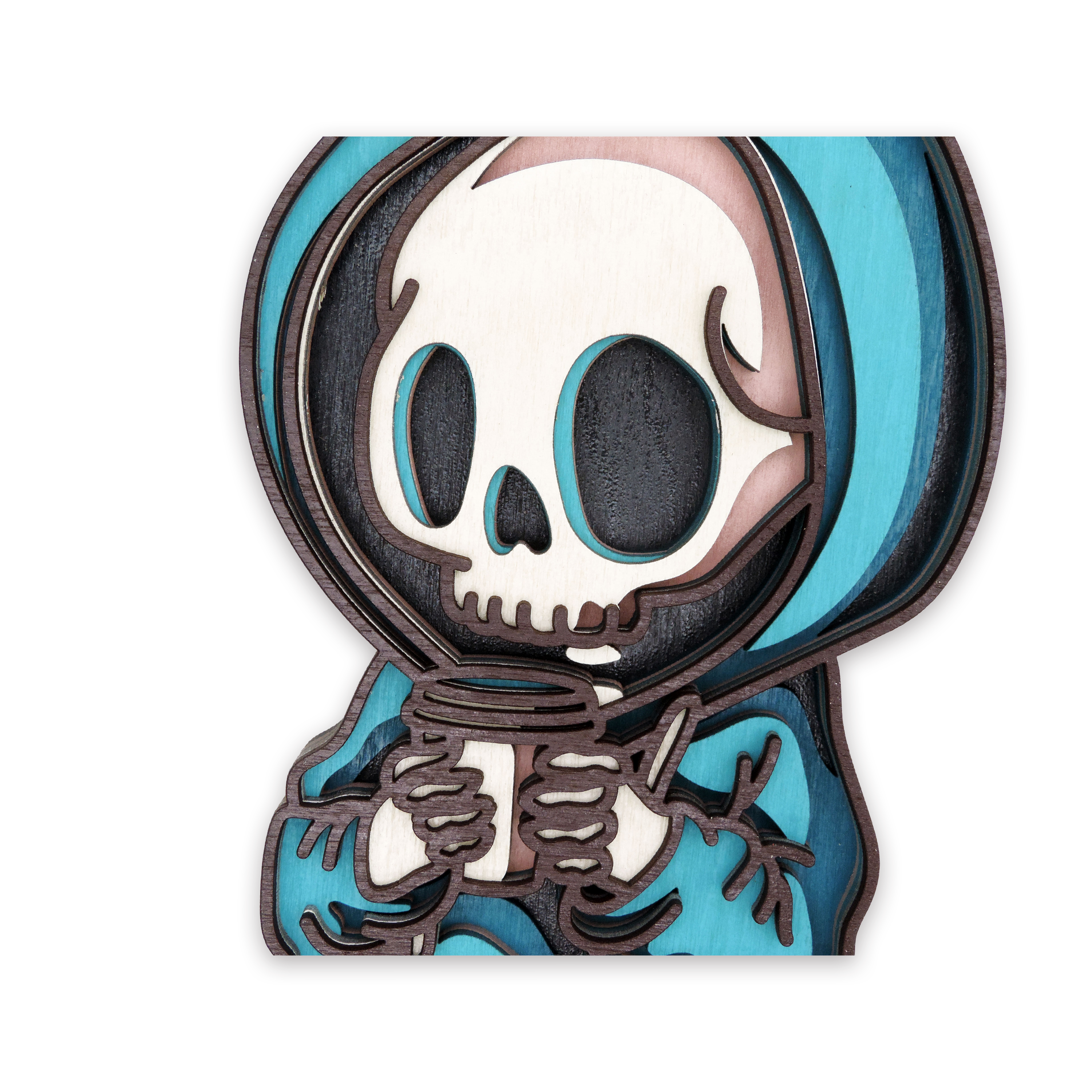 Multilayer 3D laser-cut hoodie coffee skeleton wall art, Baltic Birch Plywood