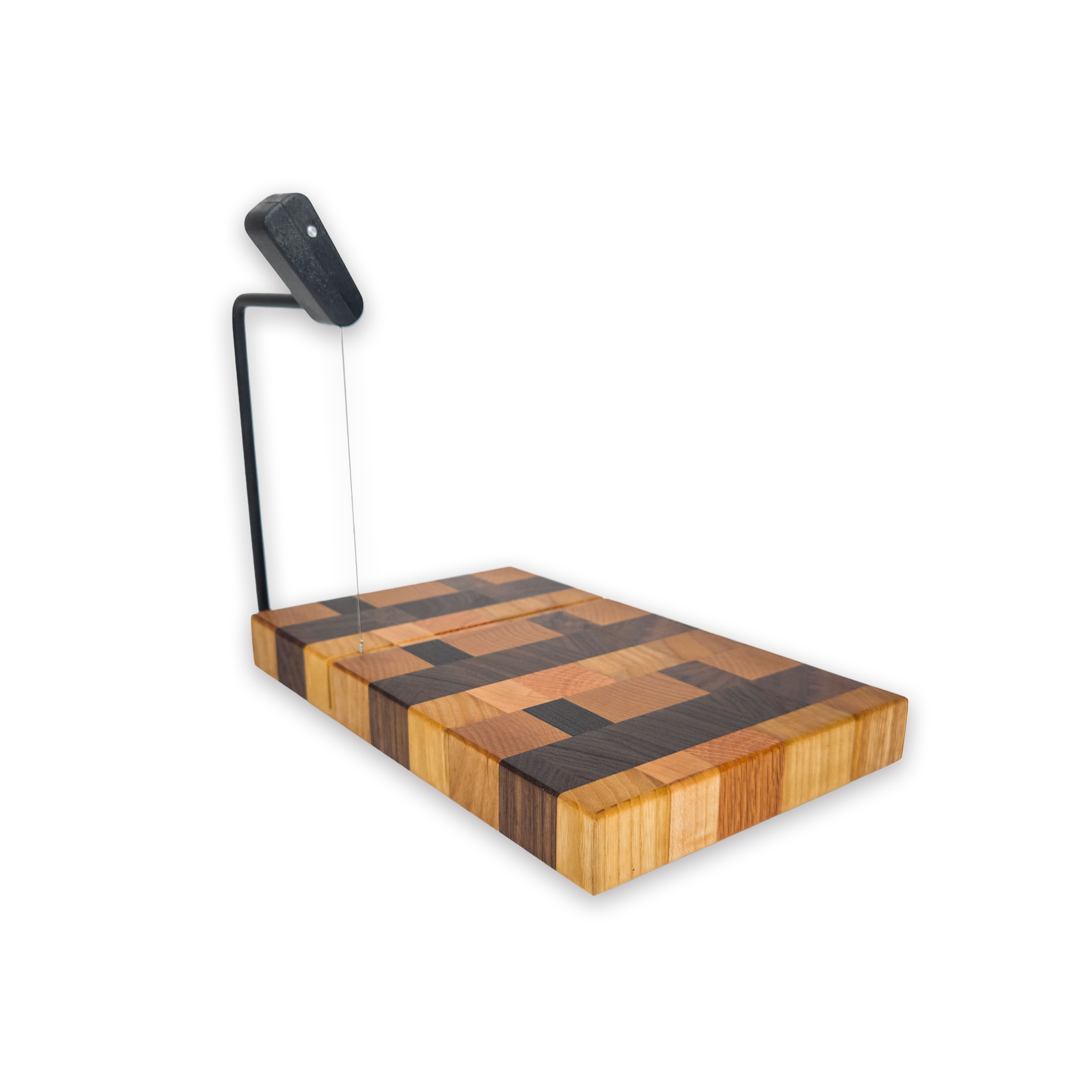 End grain oak, cherry & walnut cheese slicer board with wire cutter, oiled hardwood
