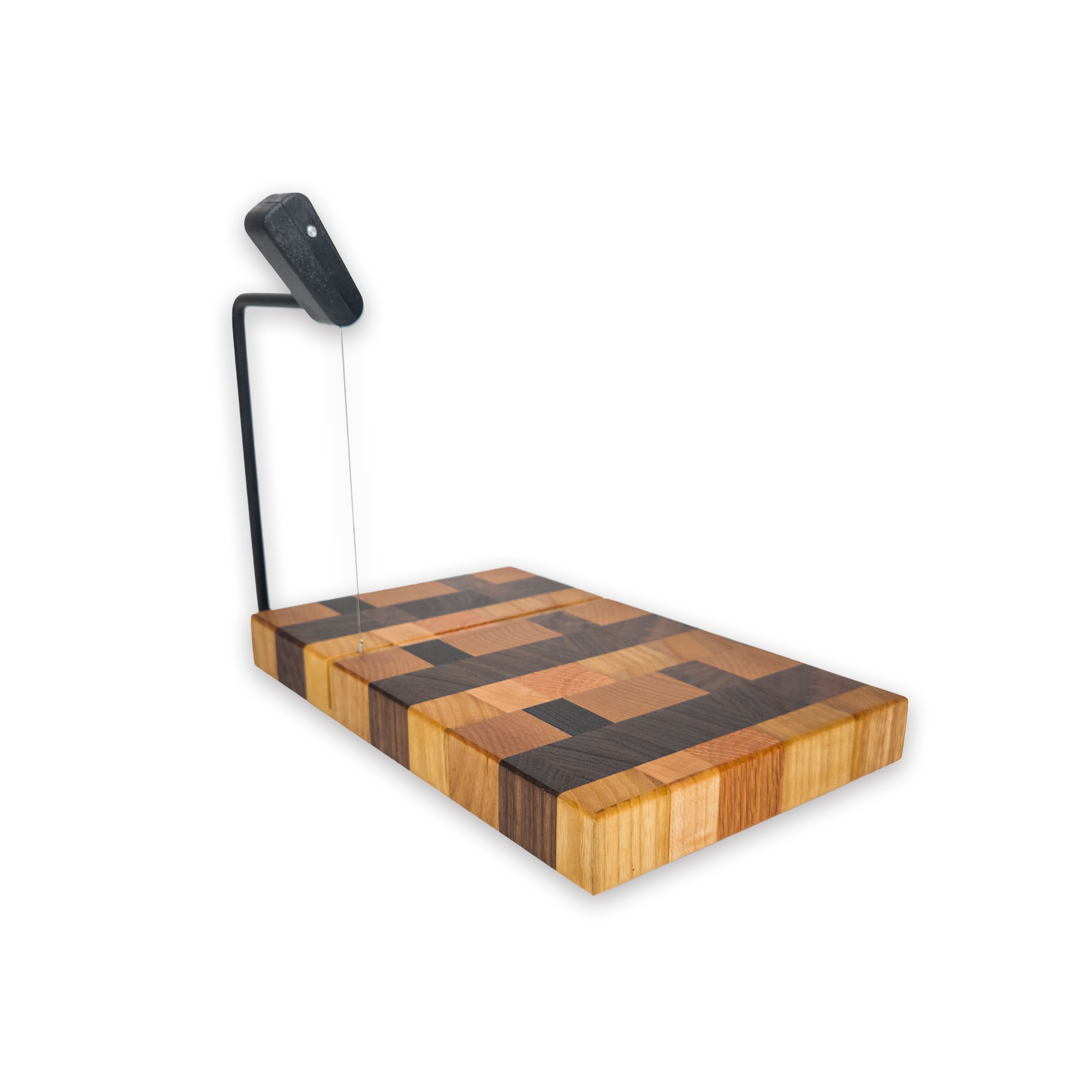 End grain oak, cherry & walnut cheese slicer board with wire cutter, oiled hardwood