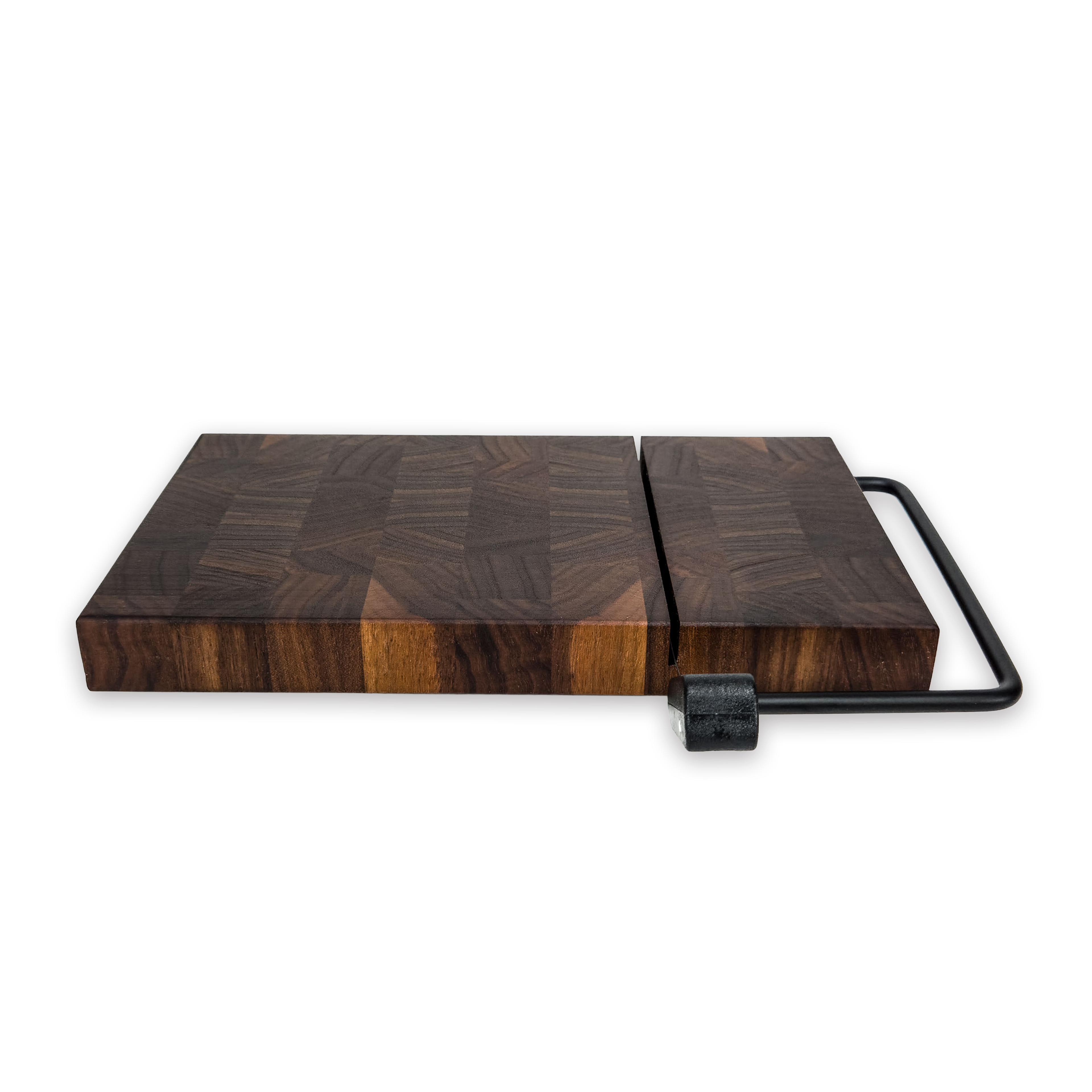 End grain solid walnut cheese slicer board with wire cutter, oiled hardwood