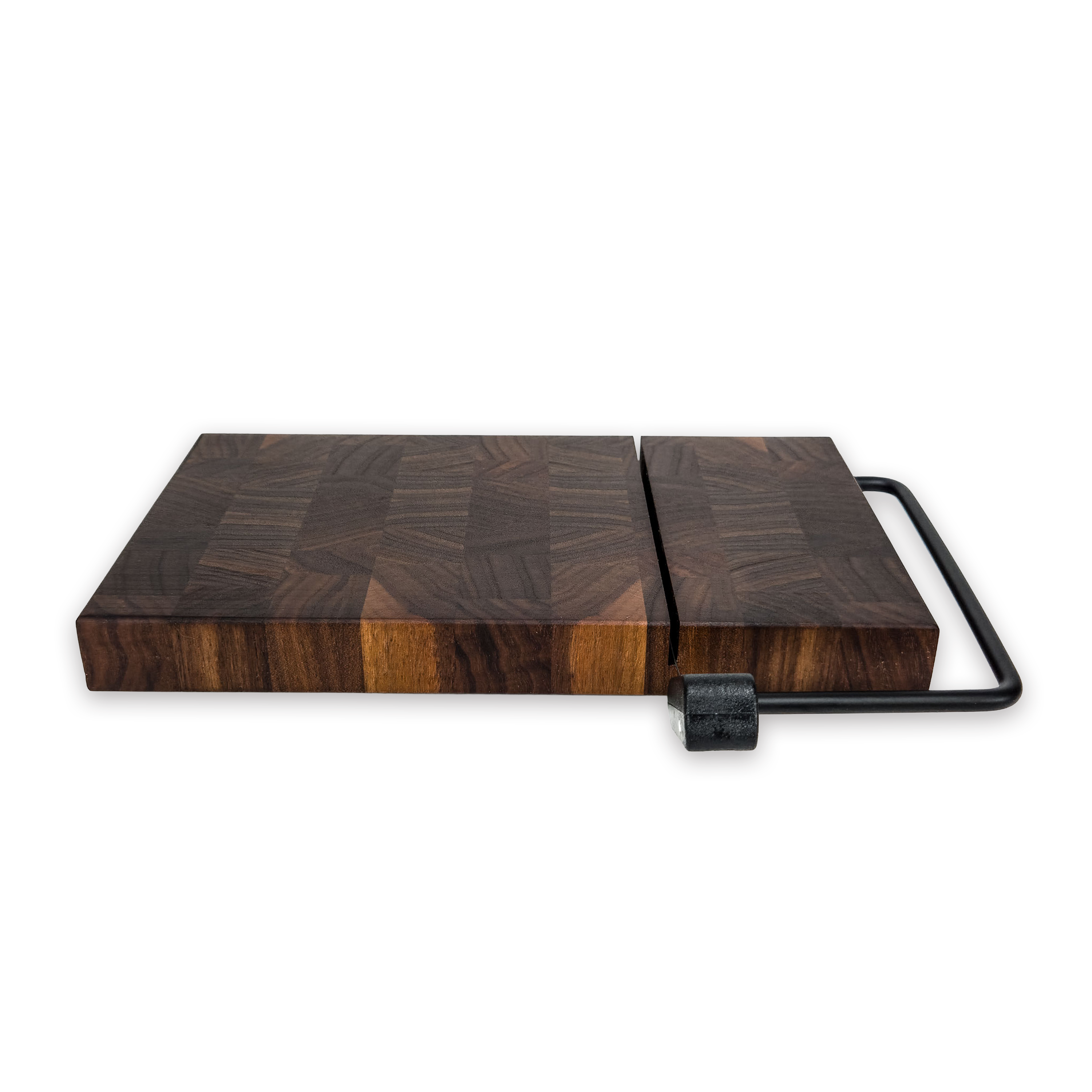 End grain solid walnut cheese slicer board with wire cutter, oiled hardwood