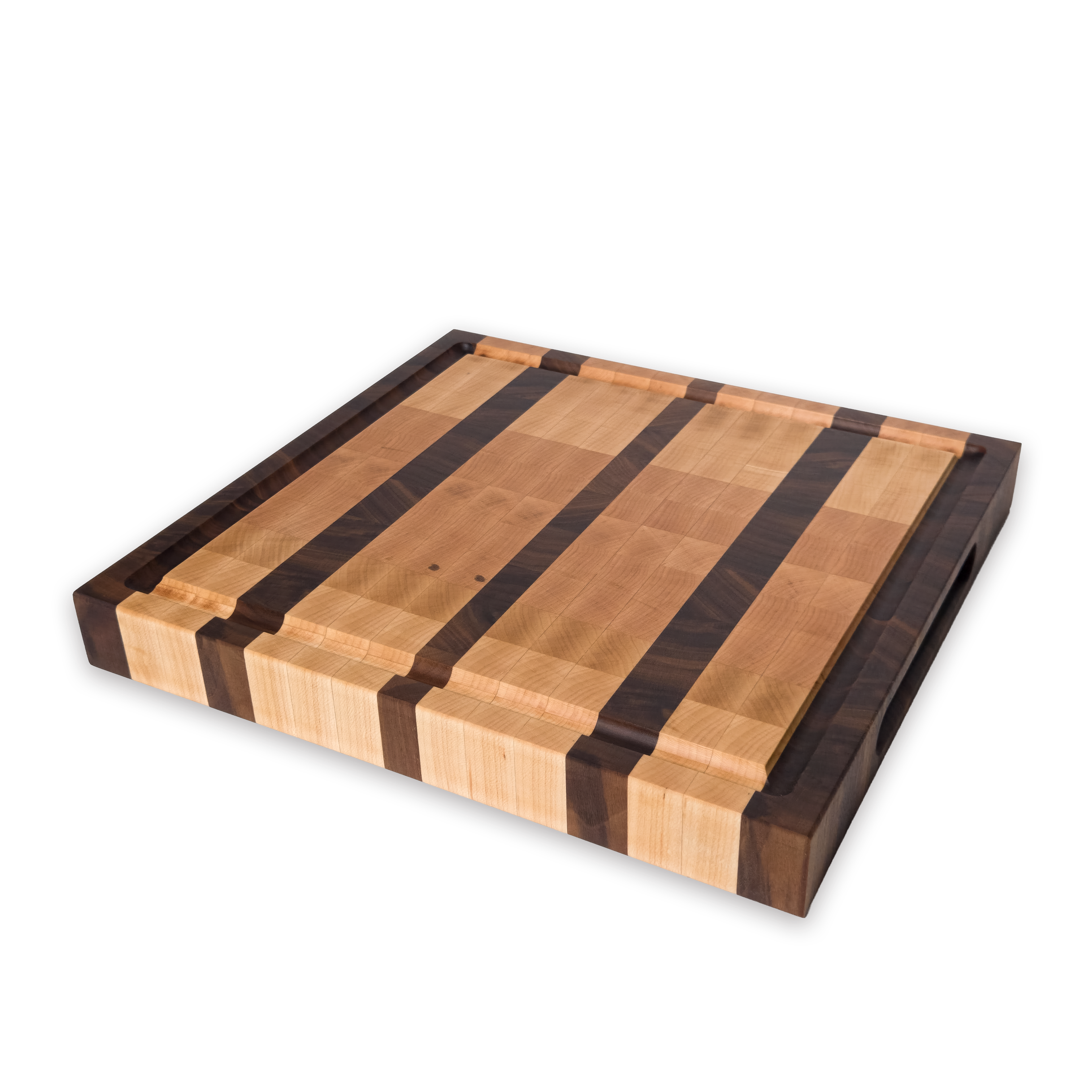 Maple and walnut end grain butcher block cutting board with juice groove