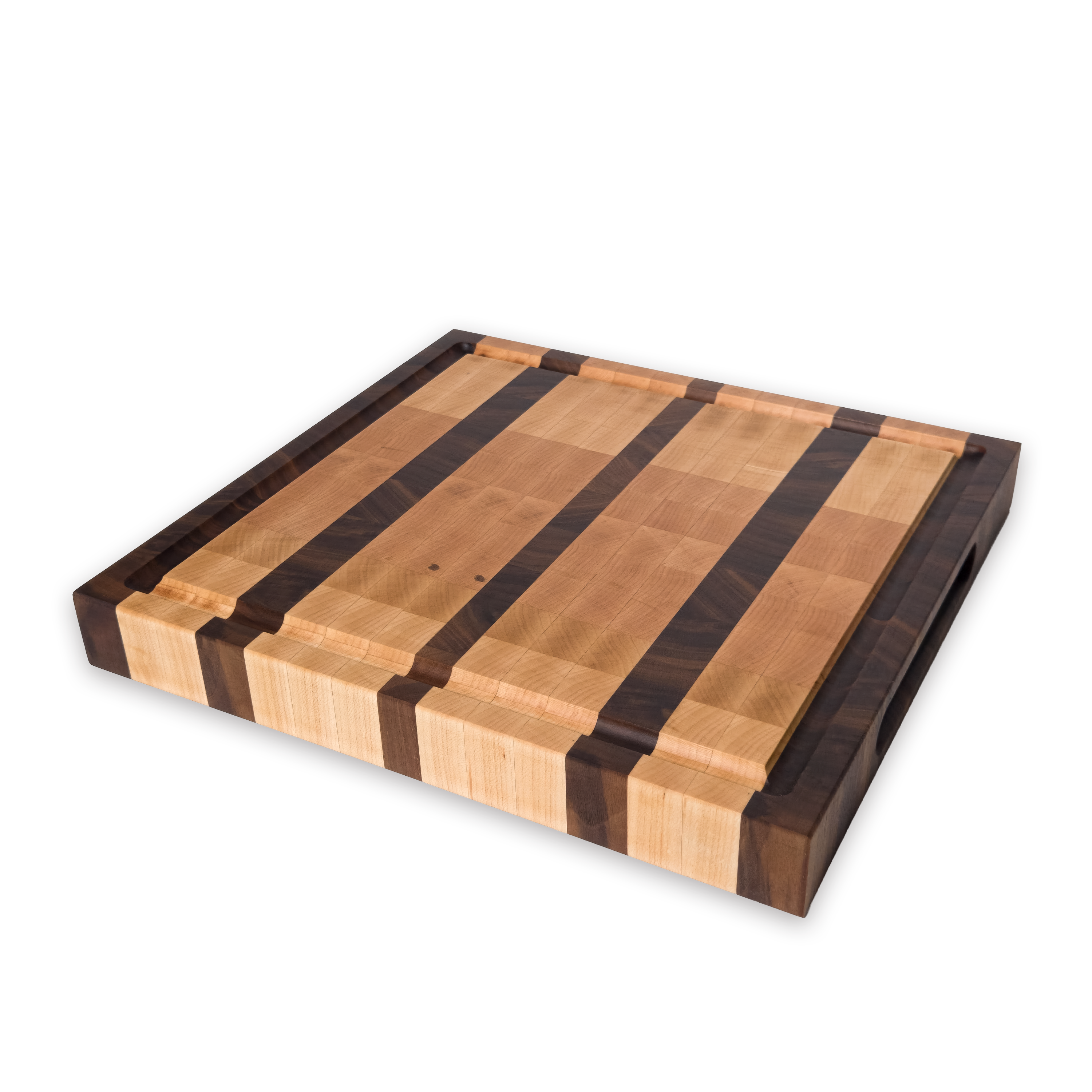 Maple and walnut end grain butcher block cutting board with juice groove