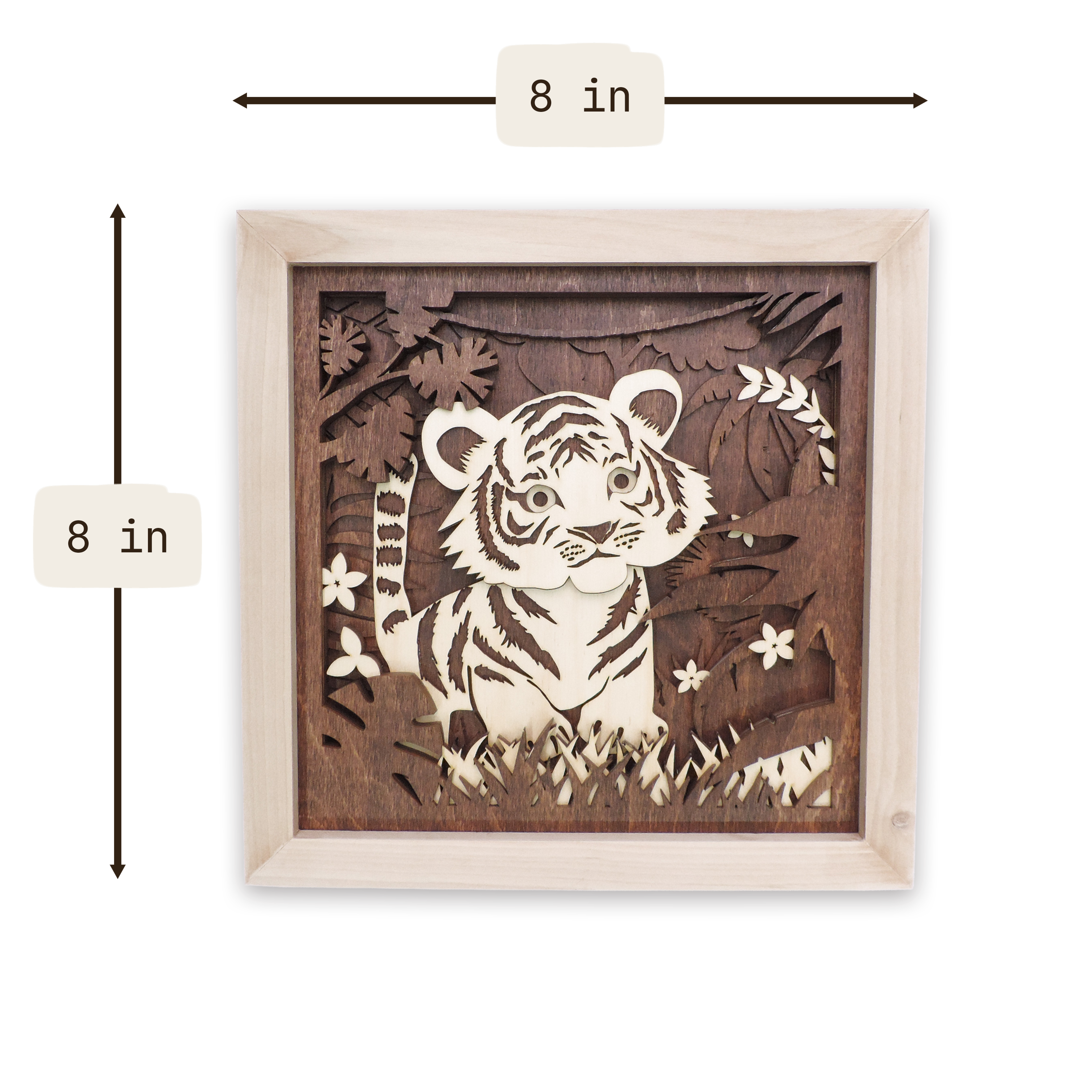 Multilayer 3D laser-cut baby tiger wall art, Baltic Birch Plywood — small (8 × 8 in)