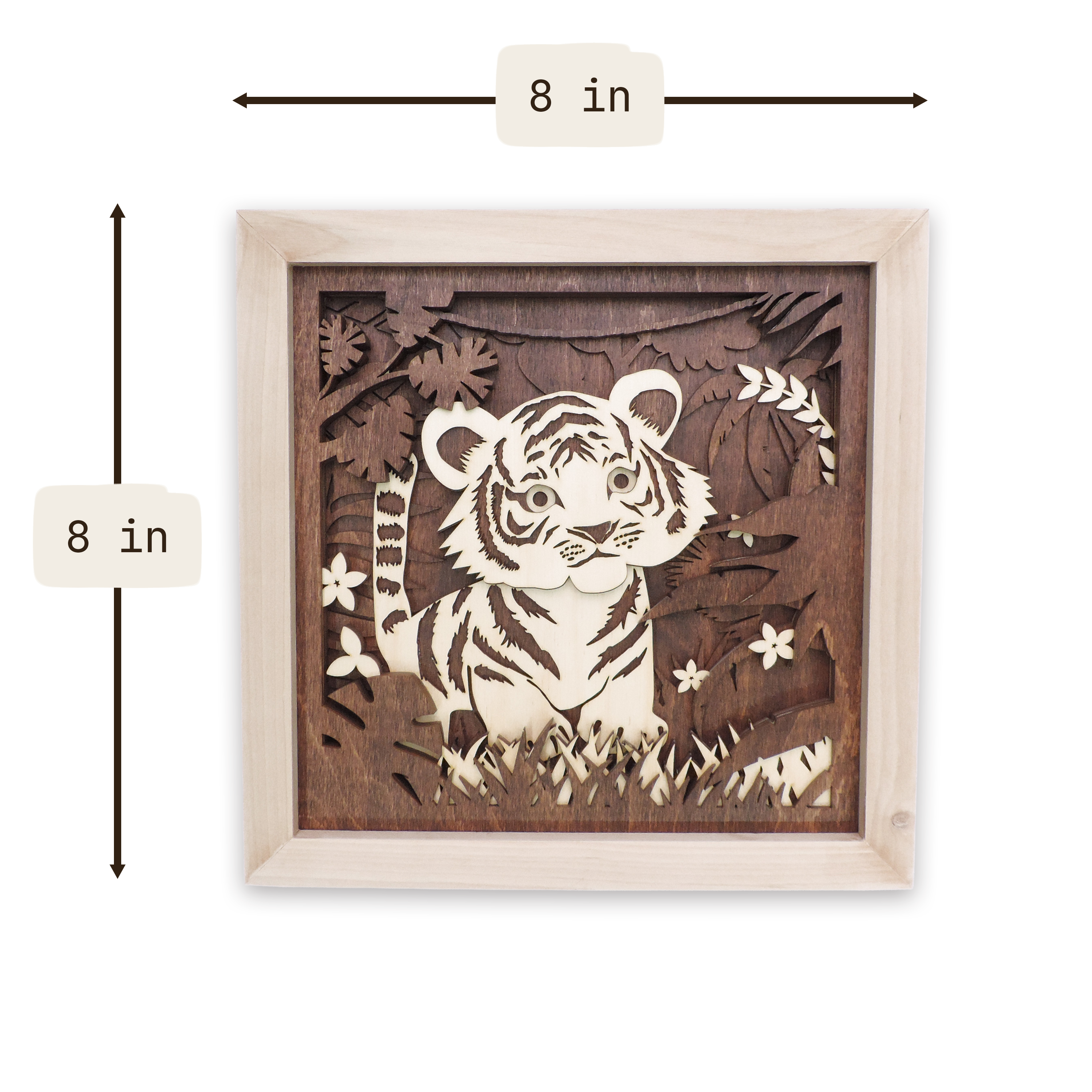 Multilayer 3D laser-cut baby tiger wall art, Baltic Birch Plywood — small (8 × 8 in)