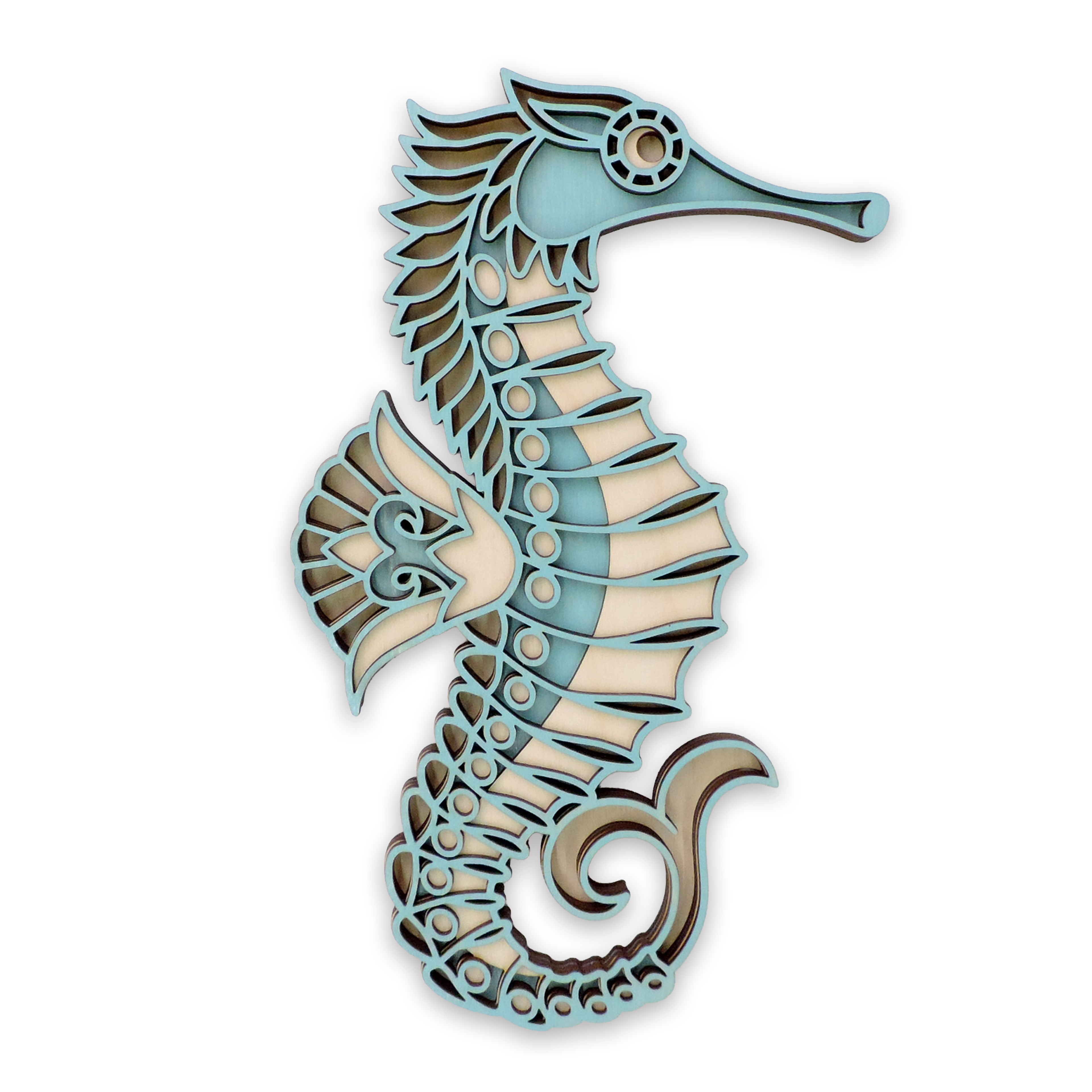 Multilayer 3D laser-cut seahorse wall art, Baltic Birch Plywood