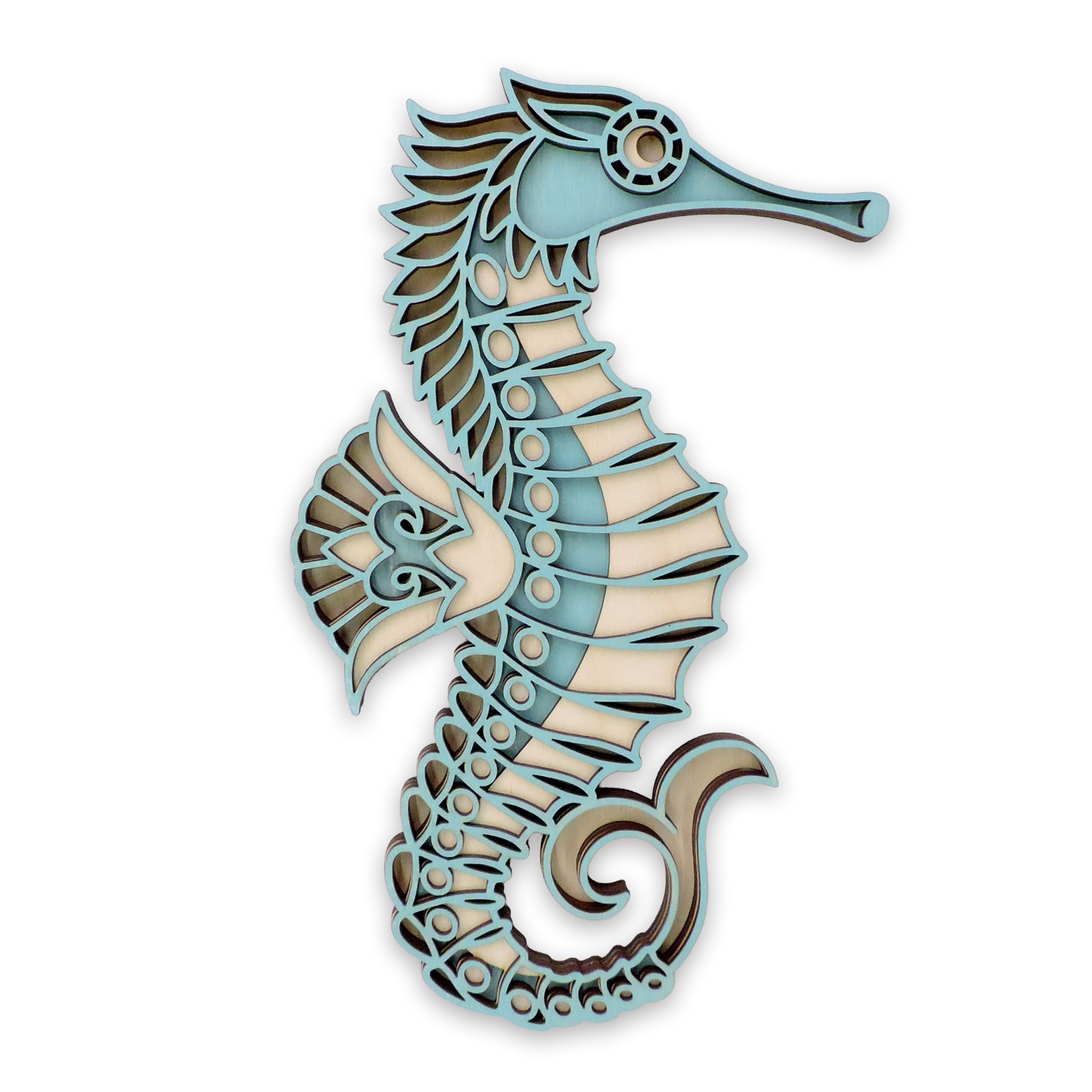 Multilayer 3D laser-cut seahorse wall art, Baltic Birch Plywood