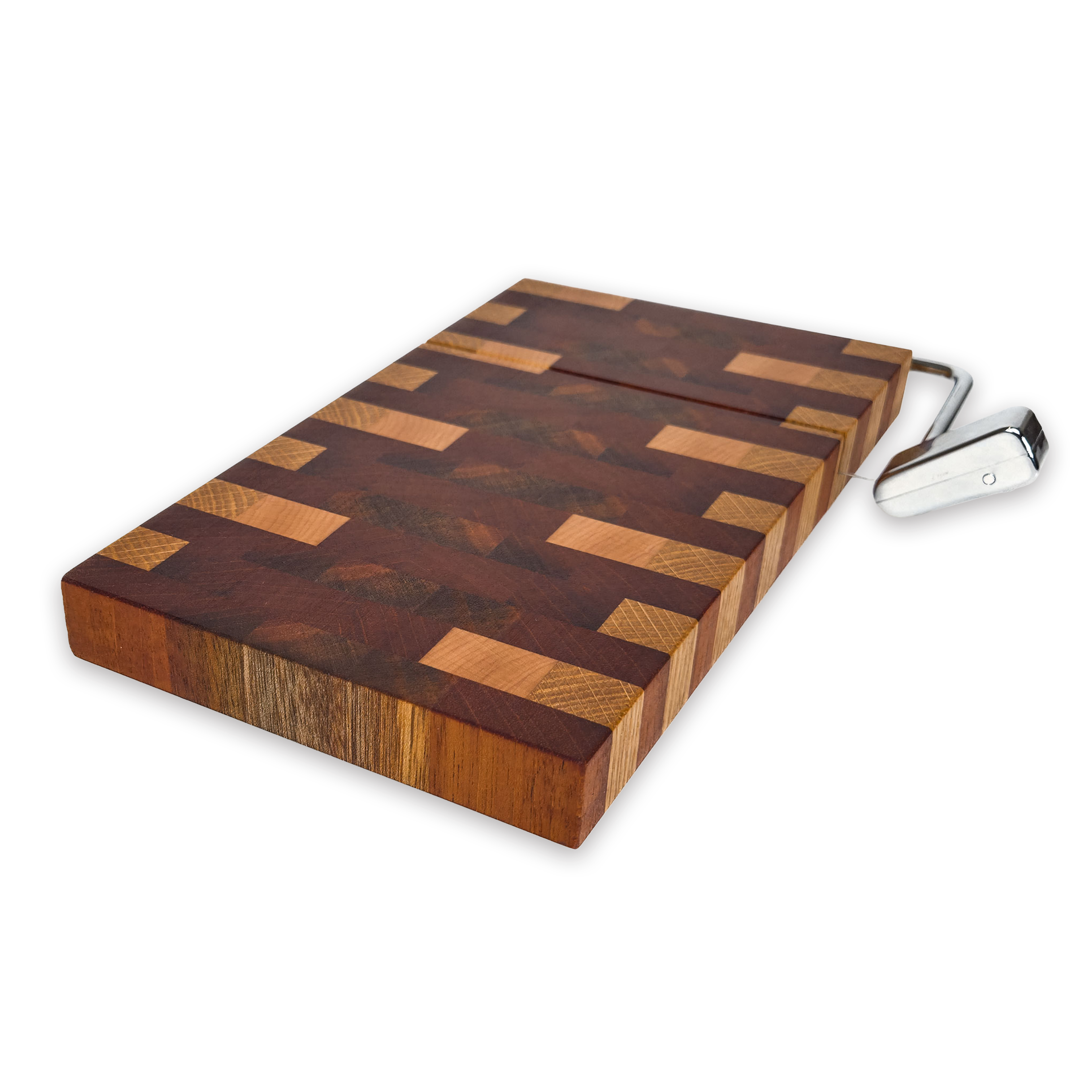 End grain oak, walnut & cherry mosaic cheese slicer board with wire cutter, oiled hardwood