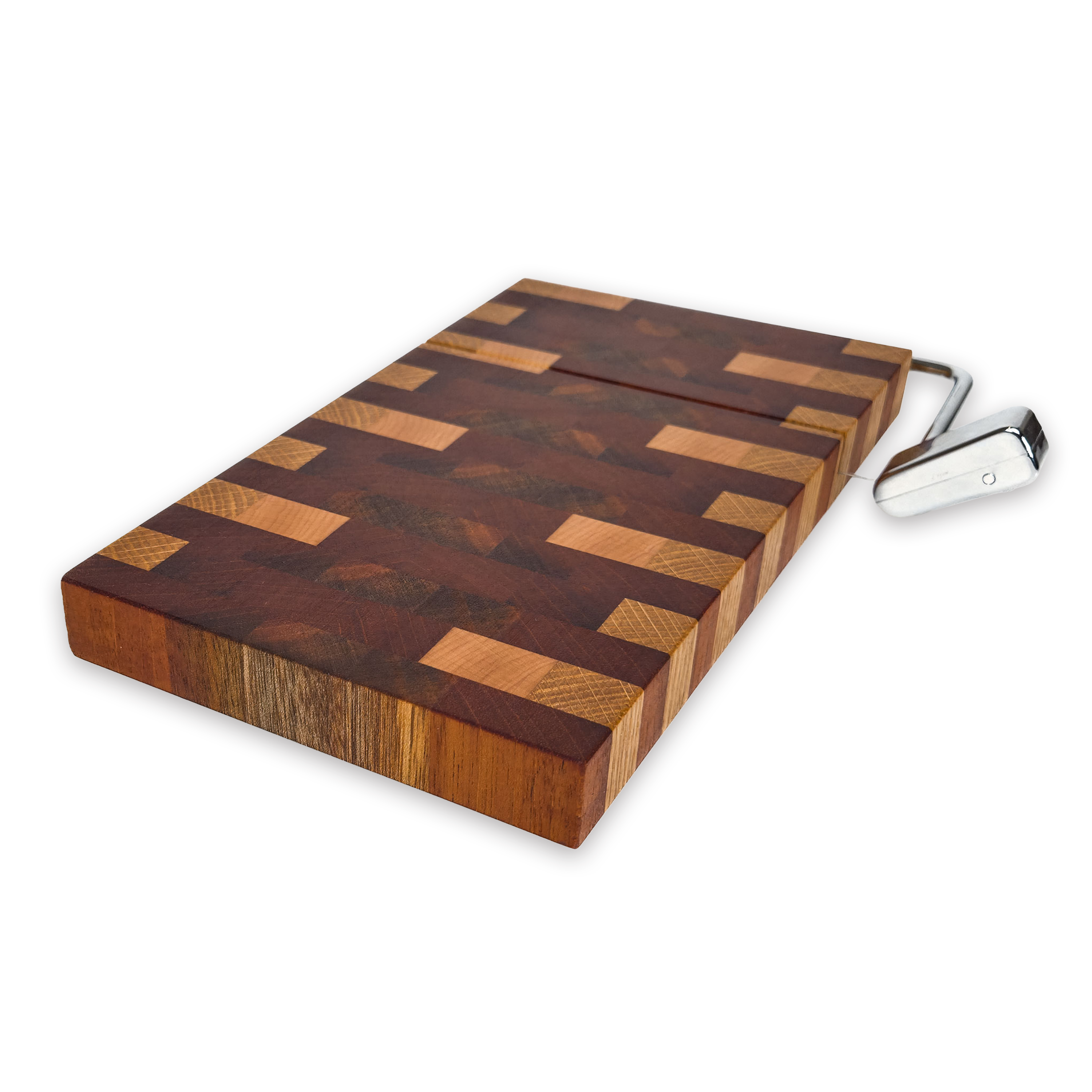 End grain oak, walnut & cherry mosaic cheese slicer board with wire cutter, oiled hardwood