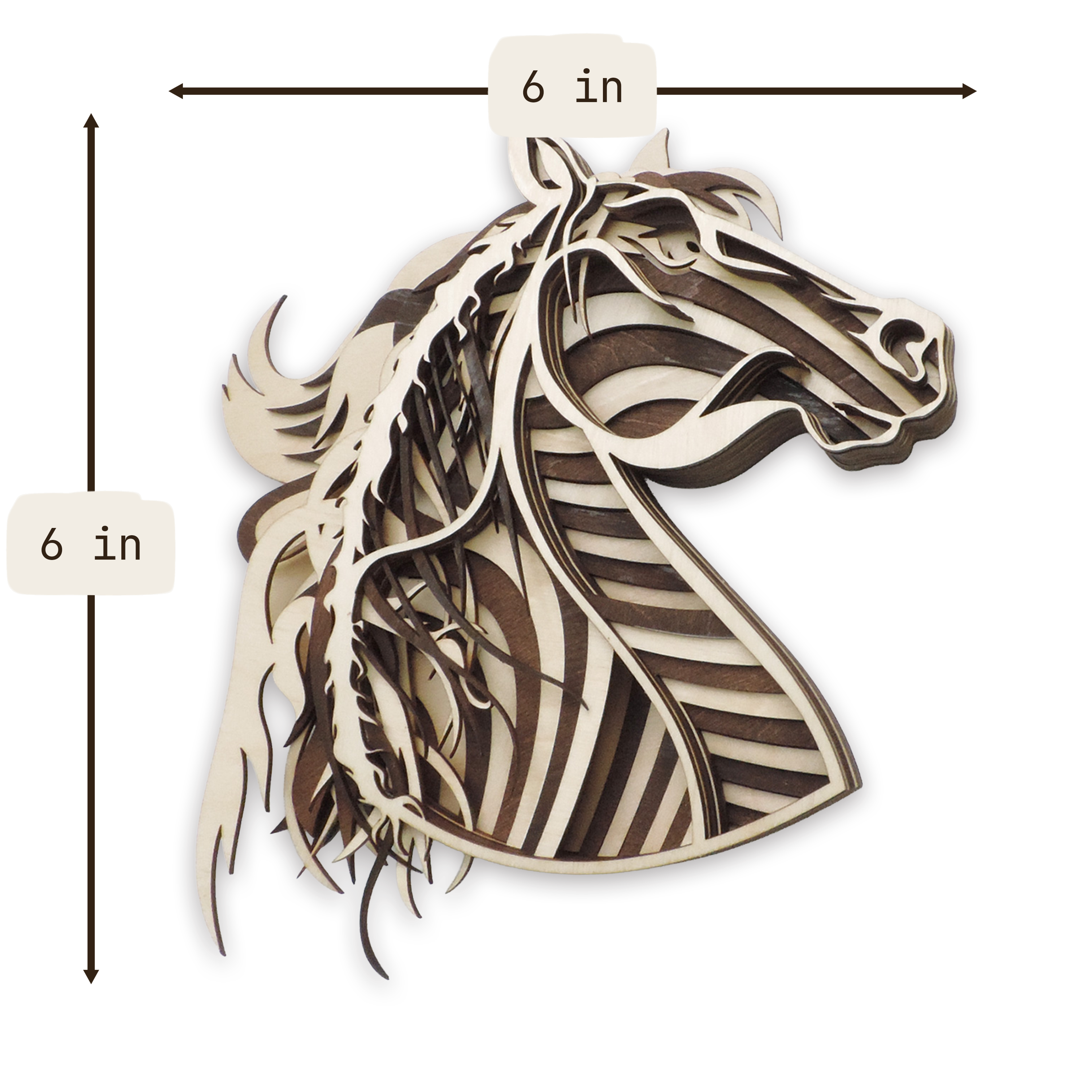 Multilayer 3D laser-cut mustang horse wall art, Baltic Birch Plywood — small (6 × 6 in)