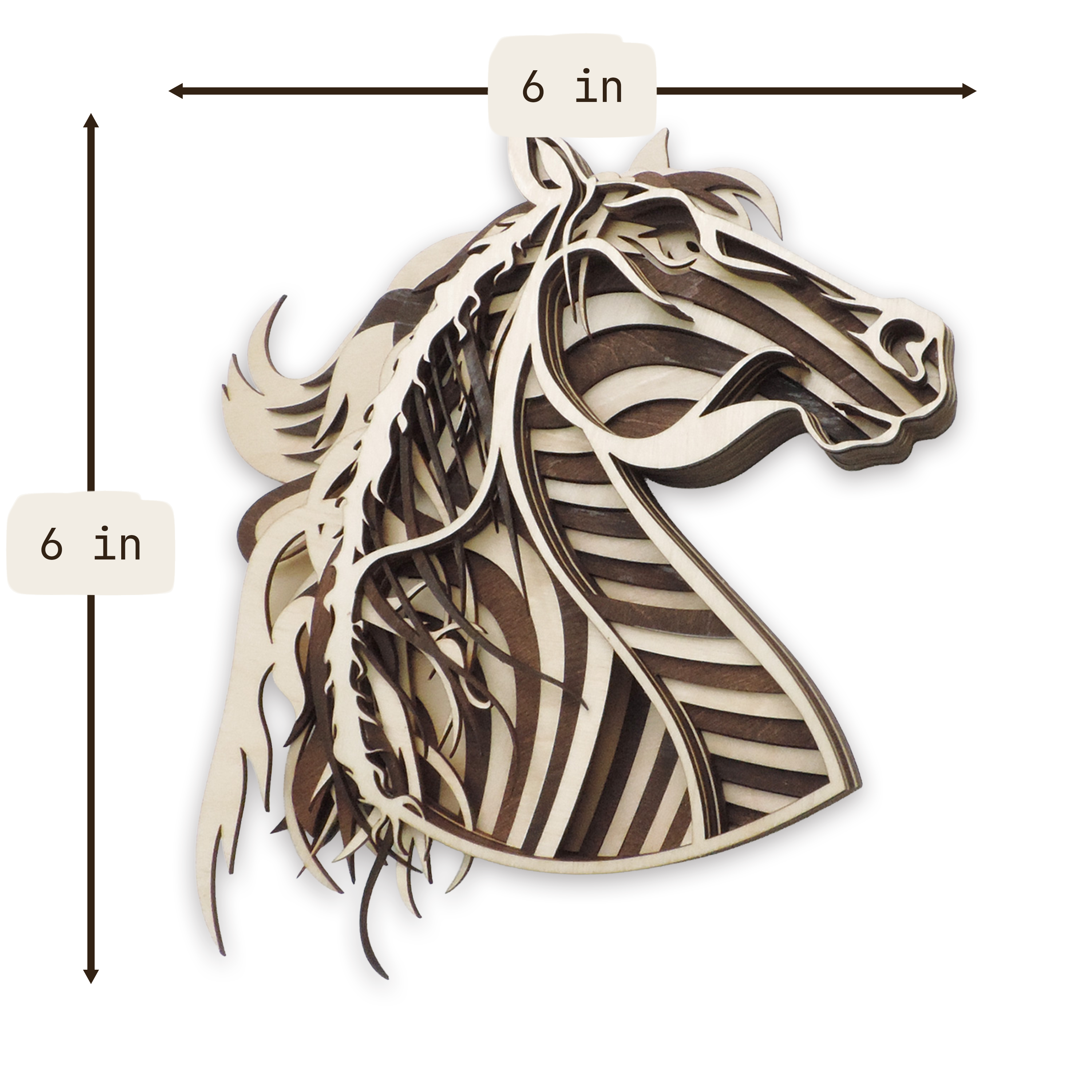 Multilayer 3D laser-cut mustang horse wall art, Baltic Birch Plywood — small (6 × 6 in)