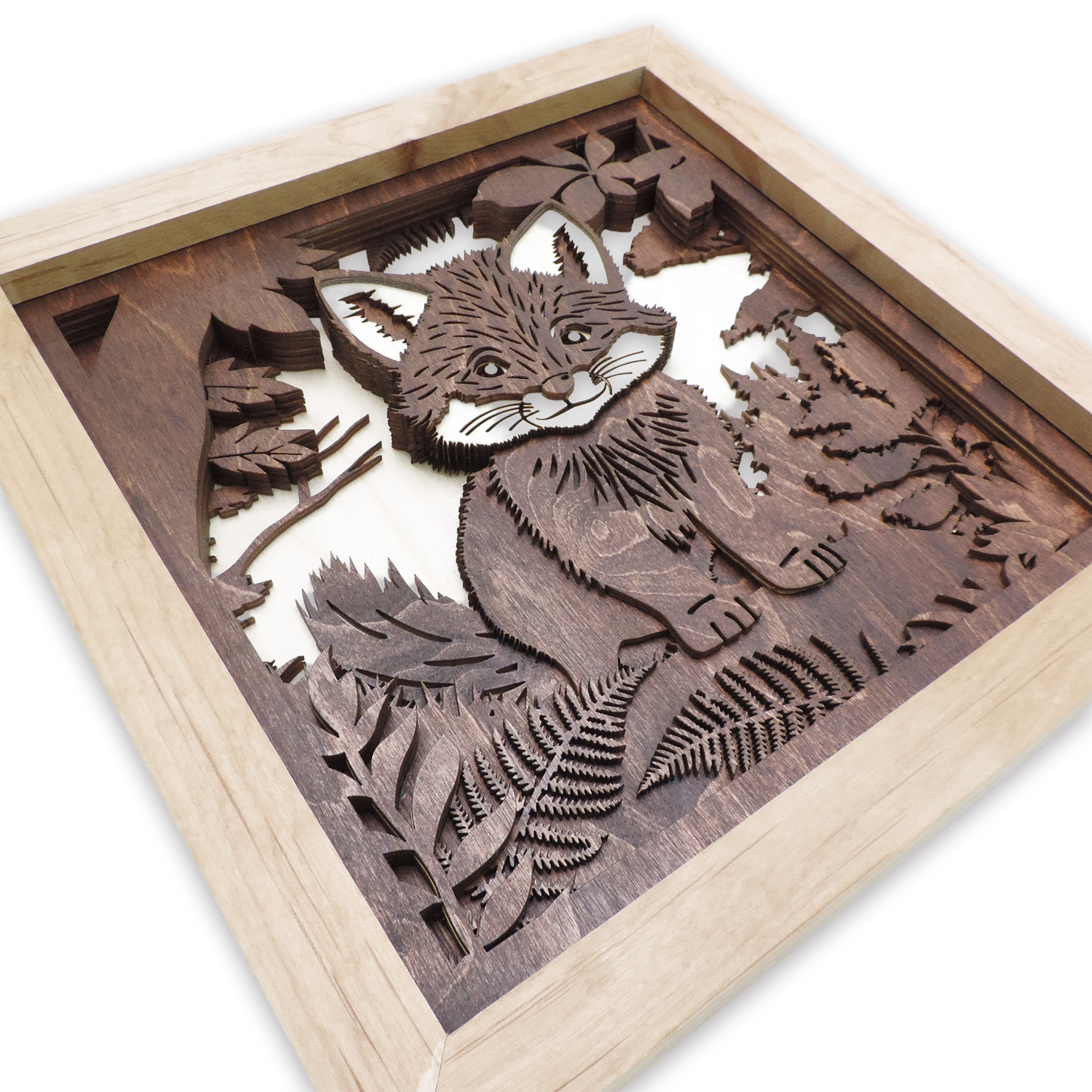 Multilayer 3D laser-cut baby fox wall art, Baltic Birch Plywood