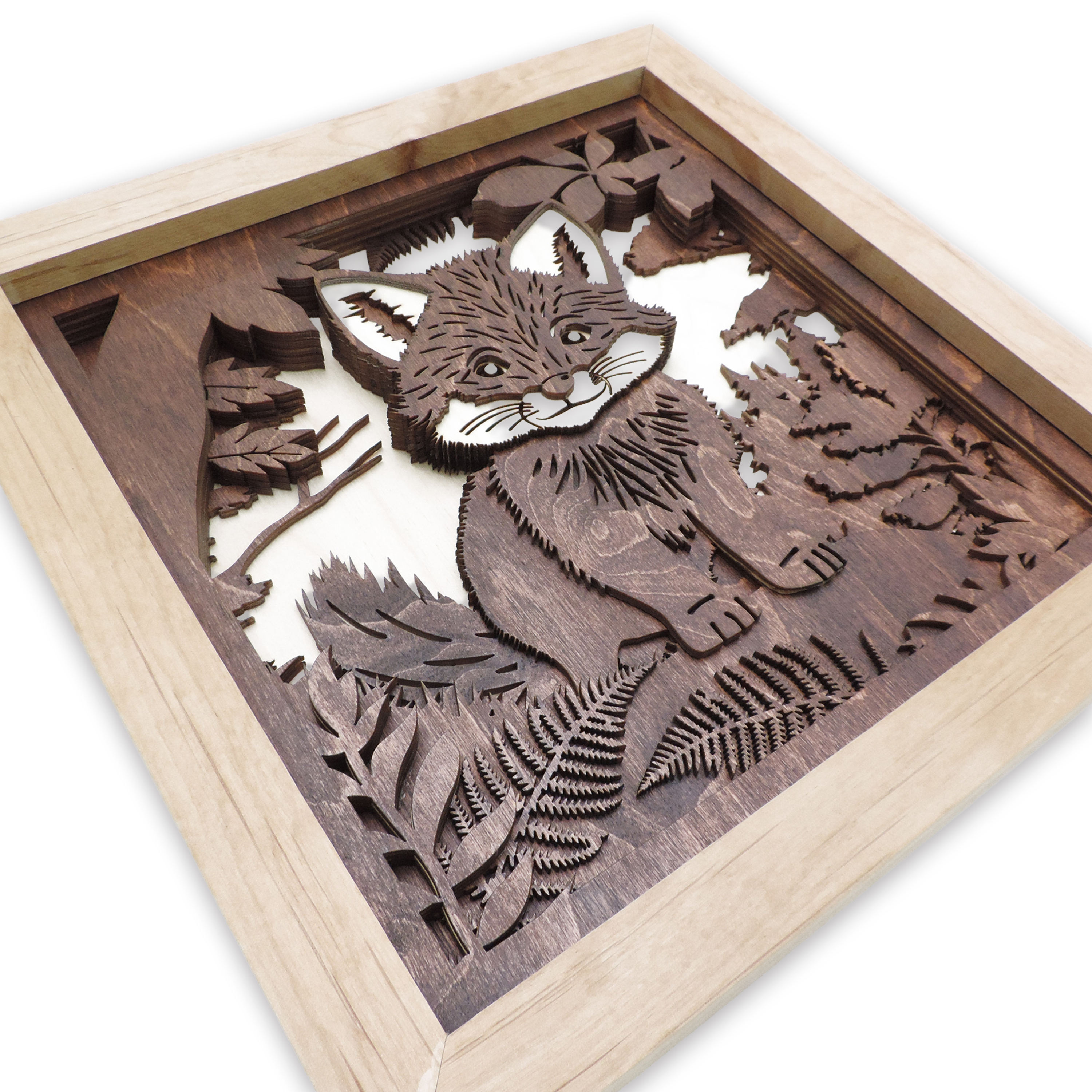 Multilayer 3D laser-cut baby fox wall art, Baltic Birch Plywood