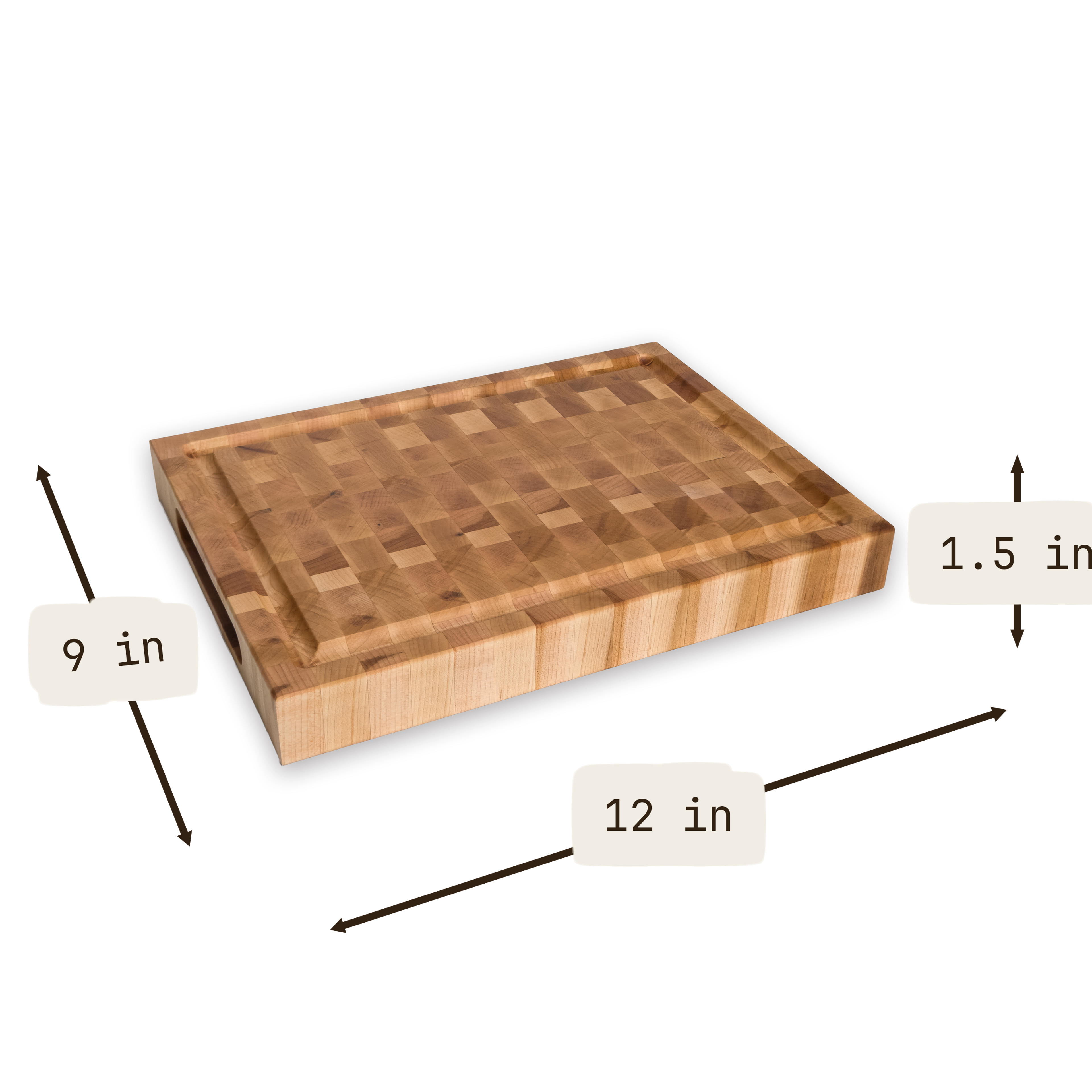 Maple end grain butcher block cutting board with juice groove — 12 × 9 in