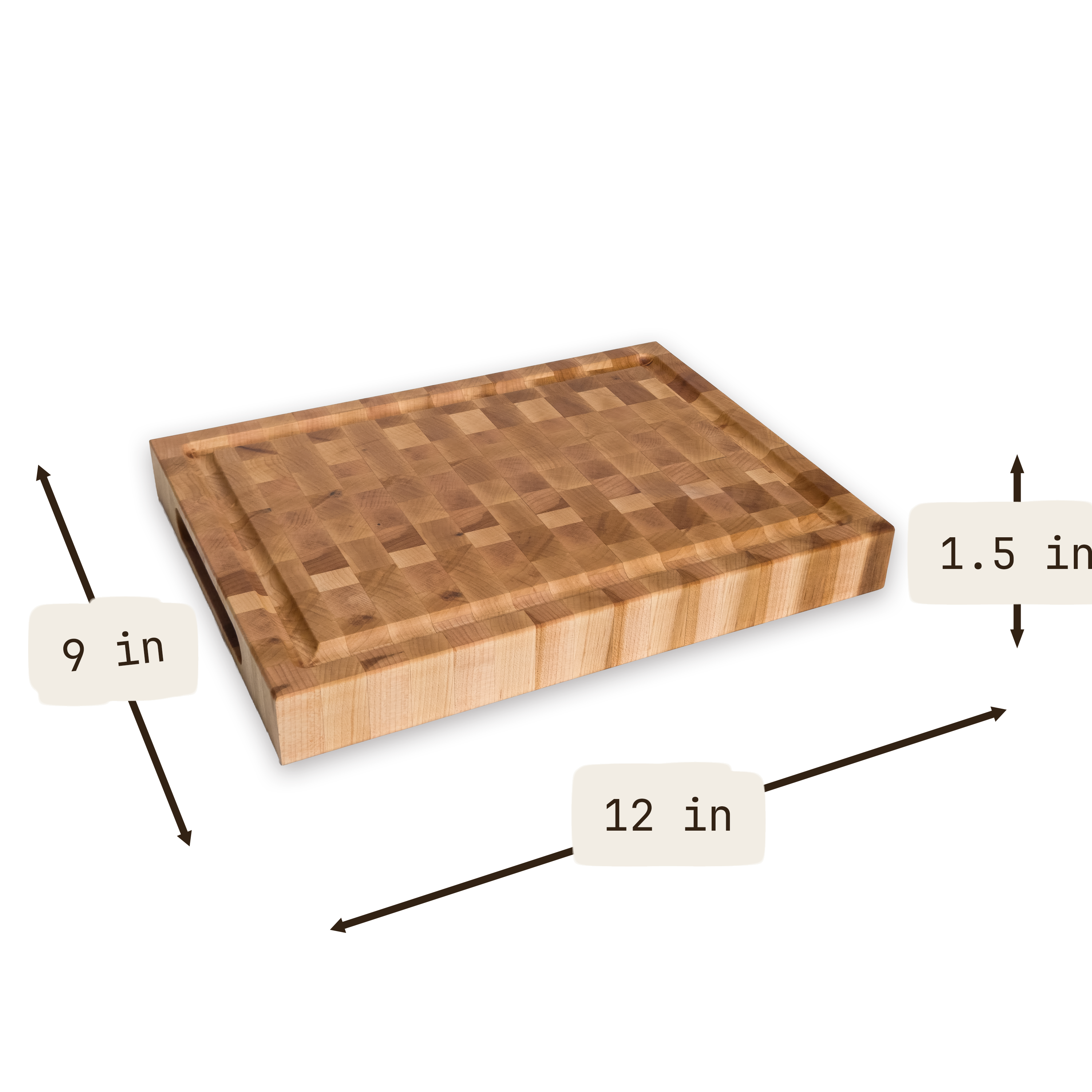 Maple end grain butcher block cutting board with juice groove — 12 × 9 in