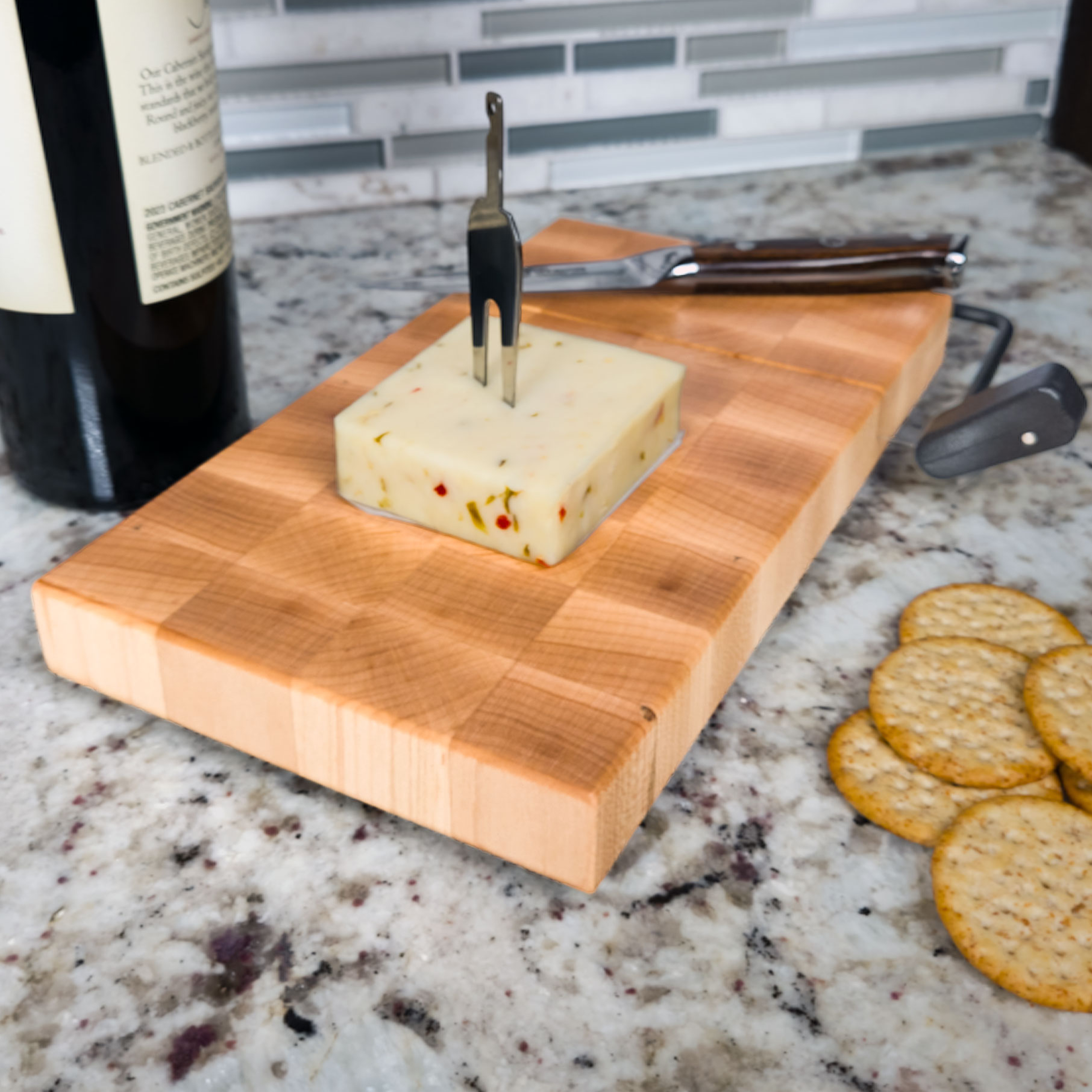 End grain maple cheese slicer board with wire cutter, oiled hardwood