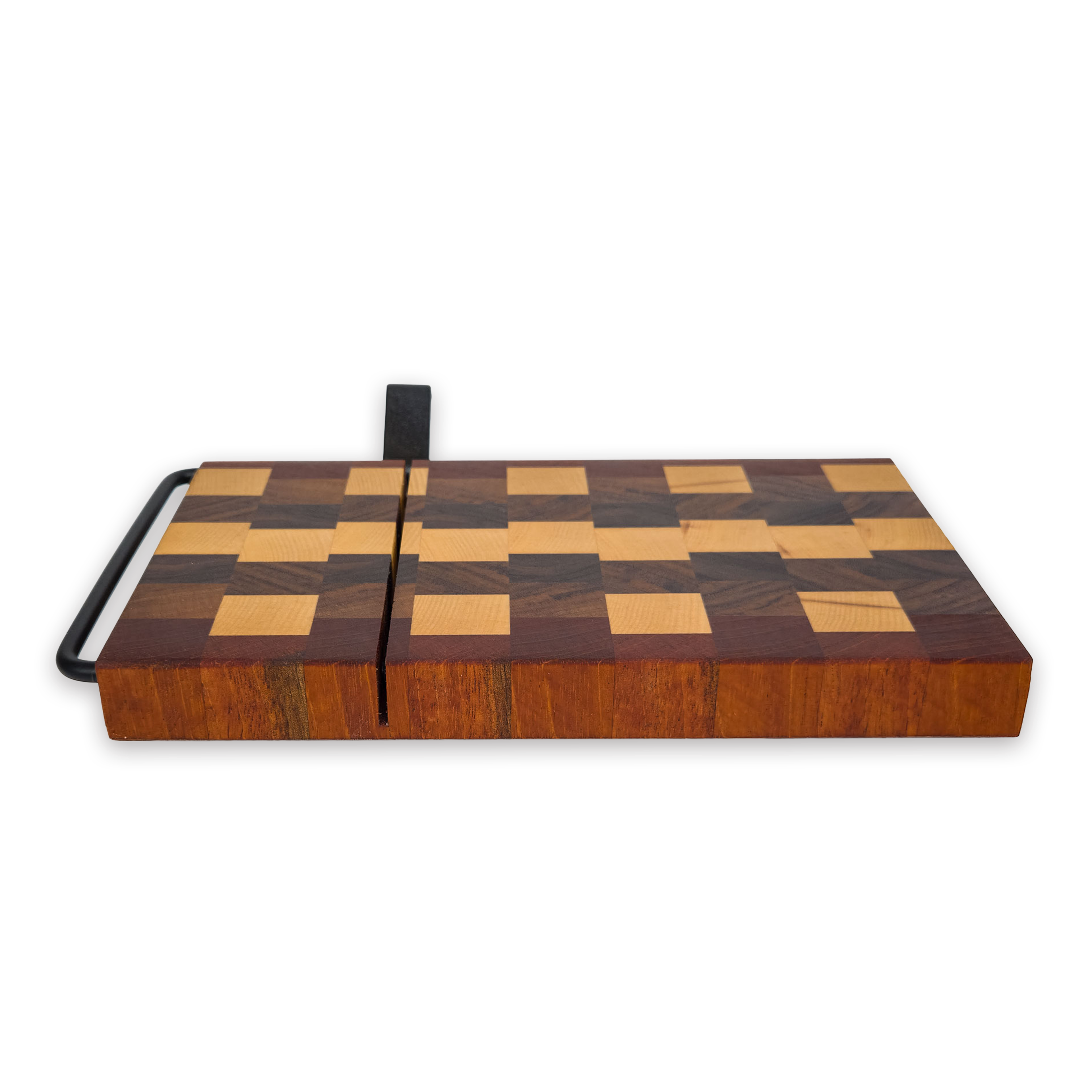 End grain maple, walnut & cherry cheese slicer board with wire cutter, oiled hardwood