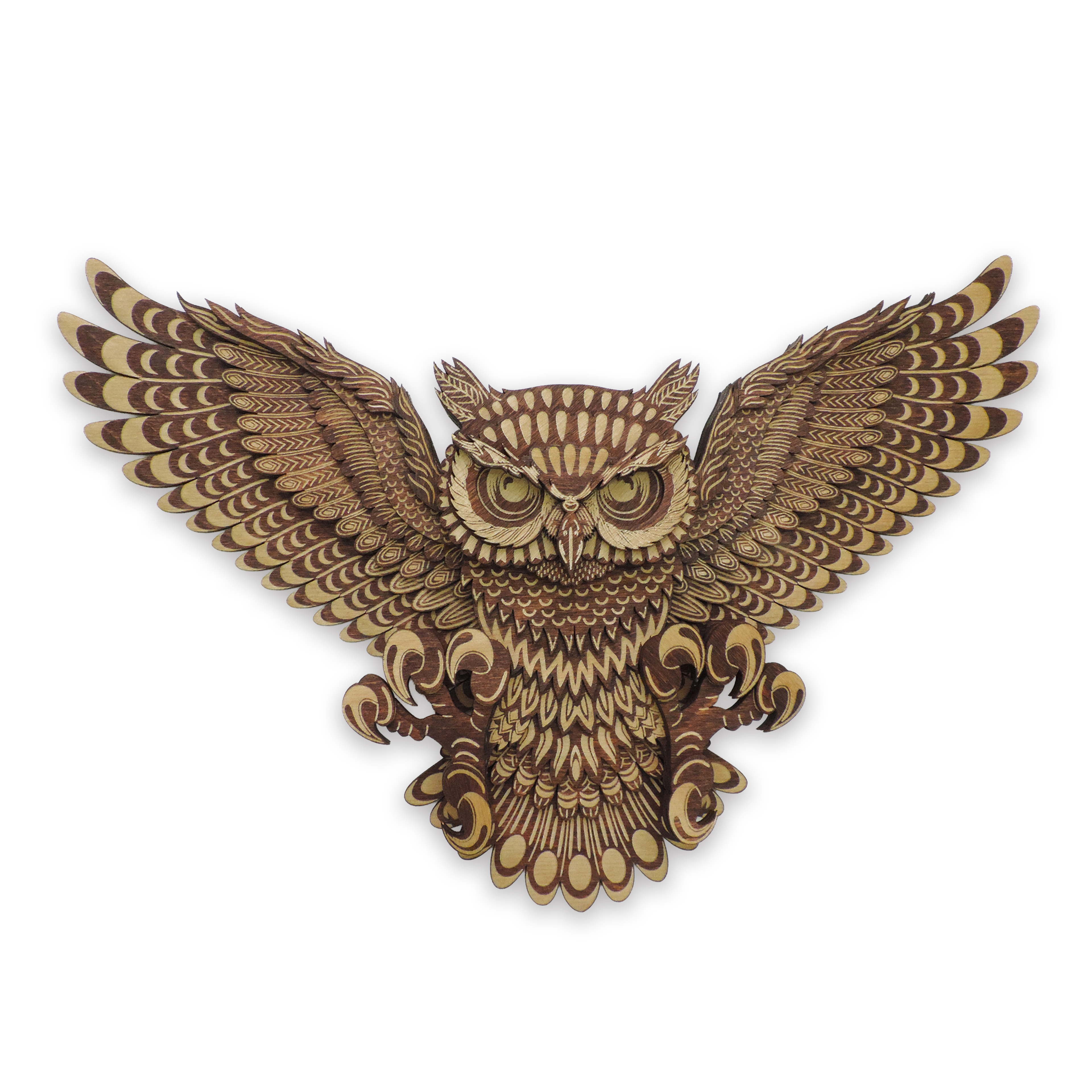 Multilayer 3D laser-cut flying owl wall art, Baltic Birch Plywood
