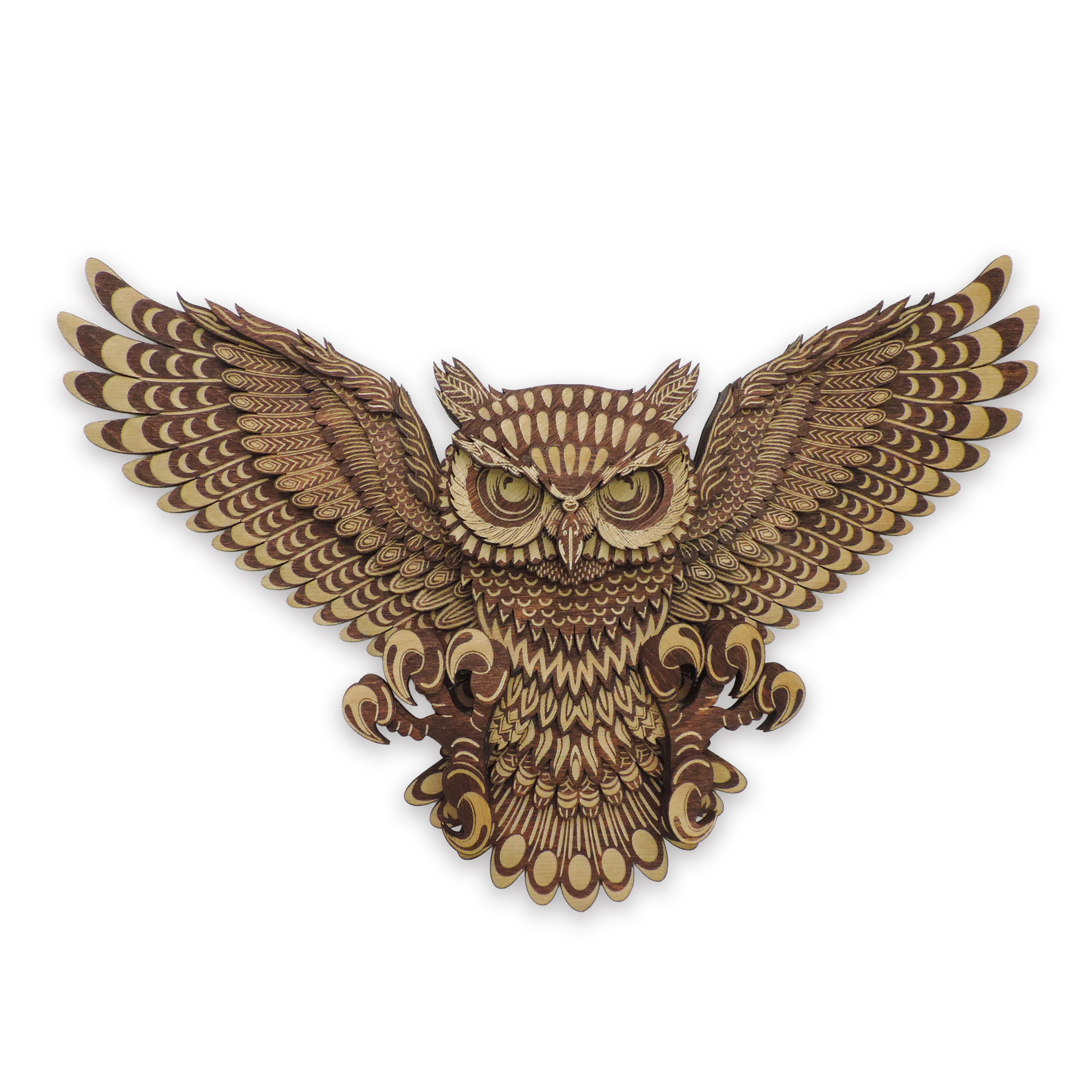 Multilayer 3D laser-cut flying owl wall art, Baltic Birch Plywood — small (12 × 9 in)
