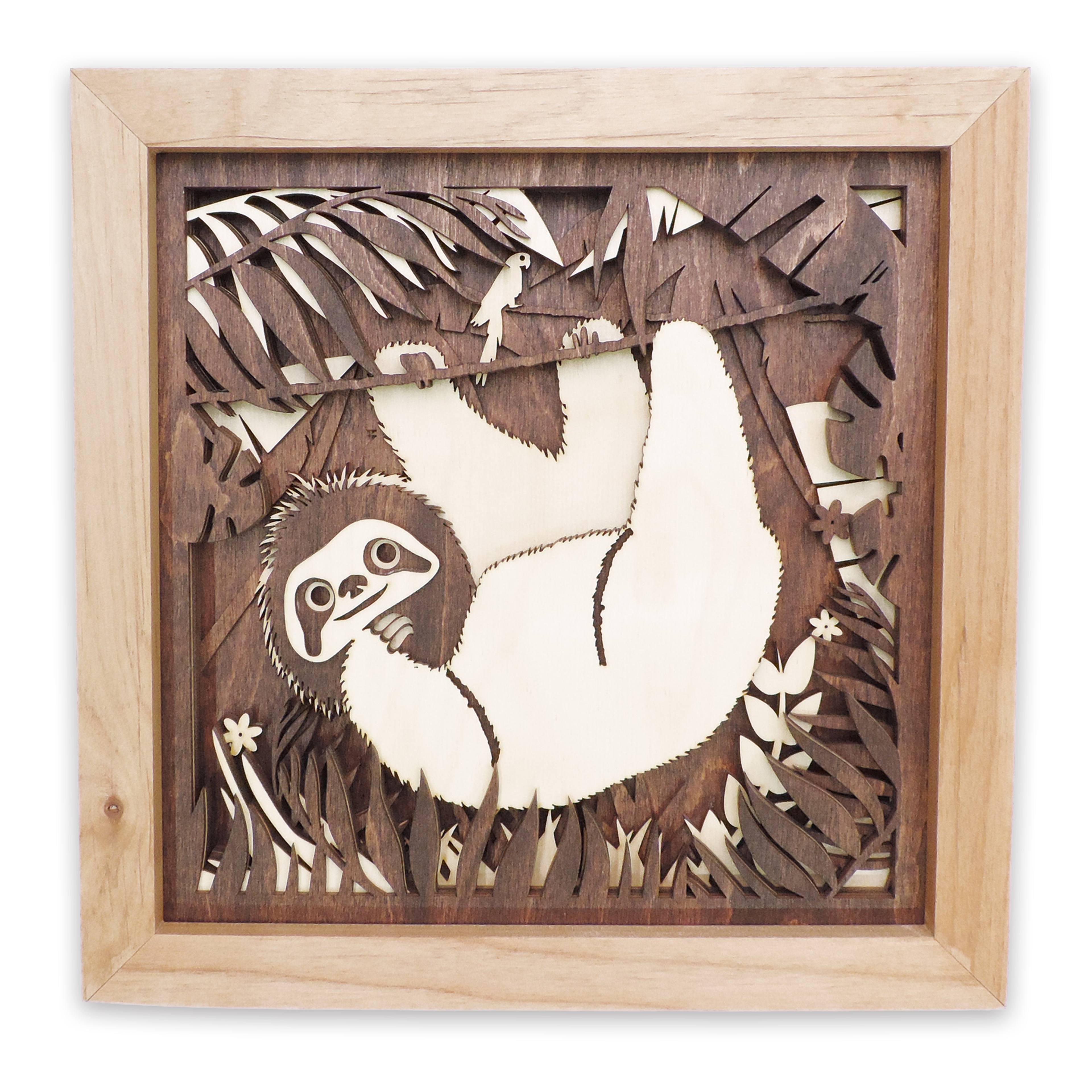 Multilayer 3D laser-cut baby sloth wall art, Baltic Birch Plywood