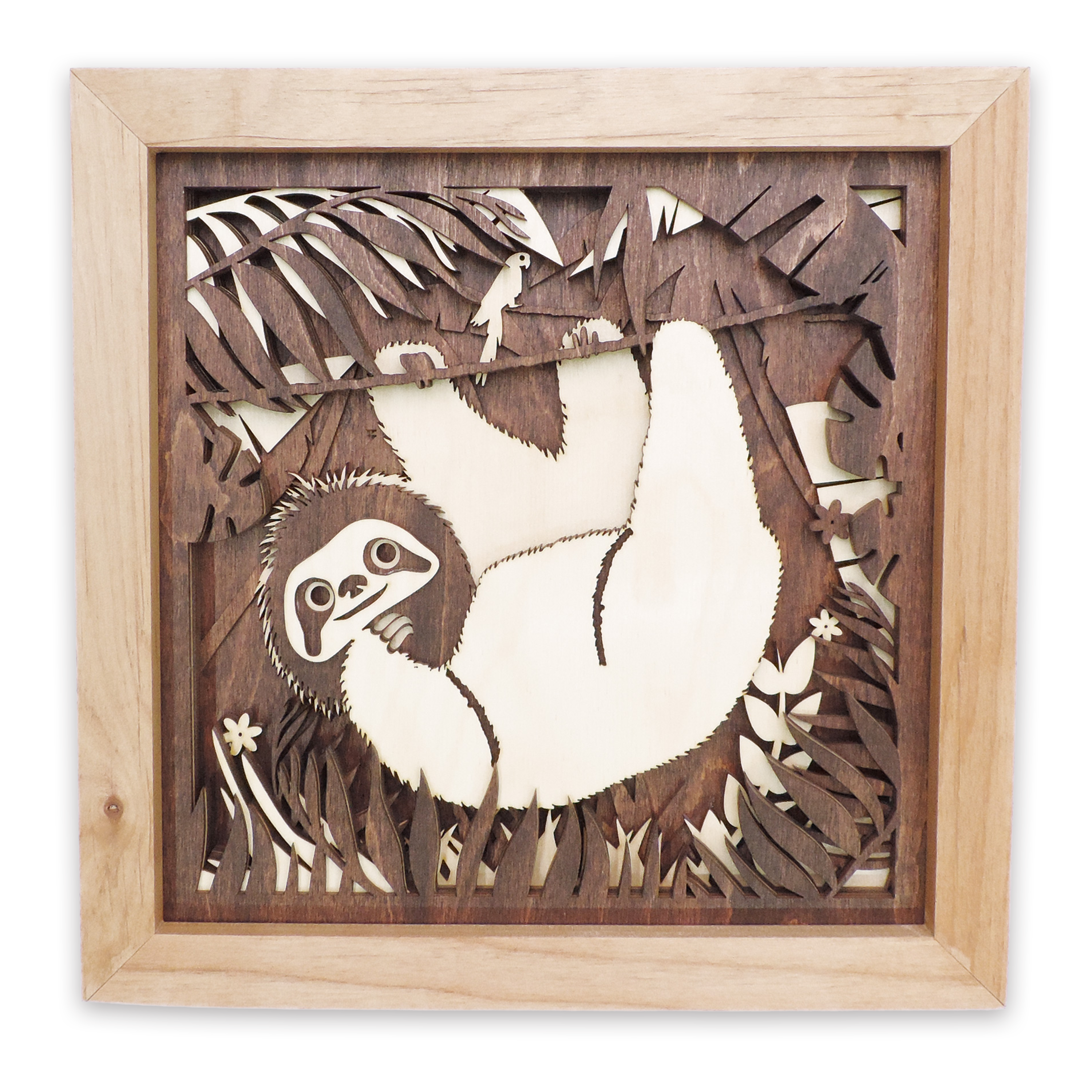 Multilayer 3D laser-cut baby sloth wall art, Baltic Birch Plywood
