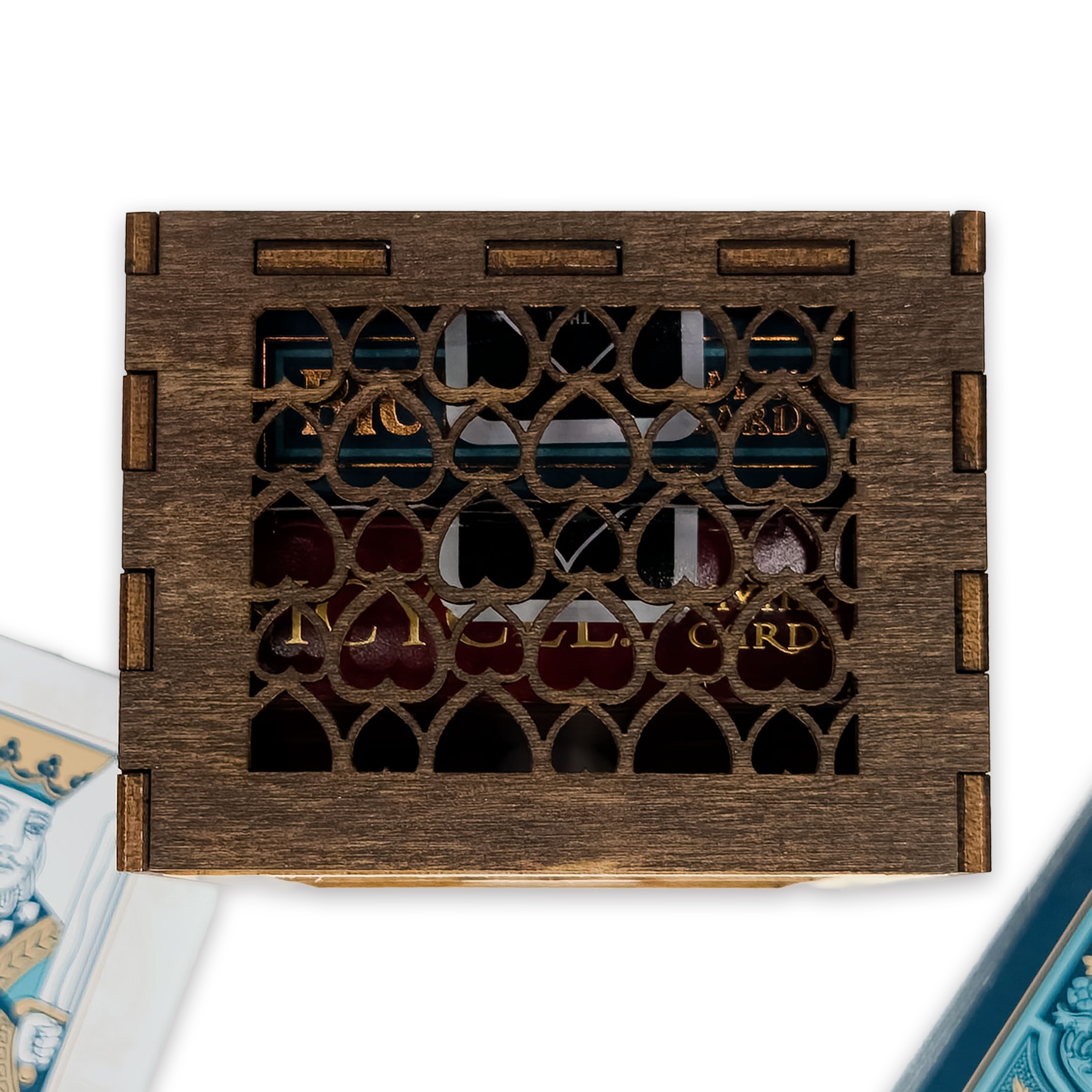 Laser-cut ace of hearts poker card box, walnut & maple birch plywood