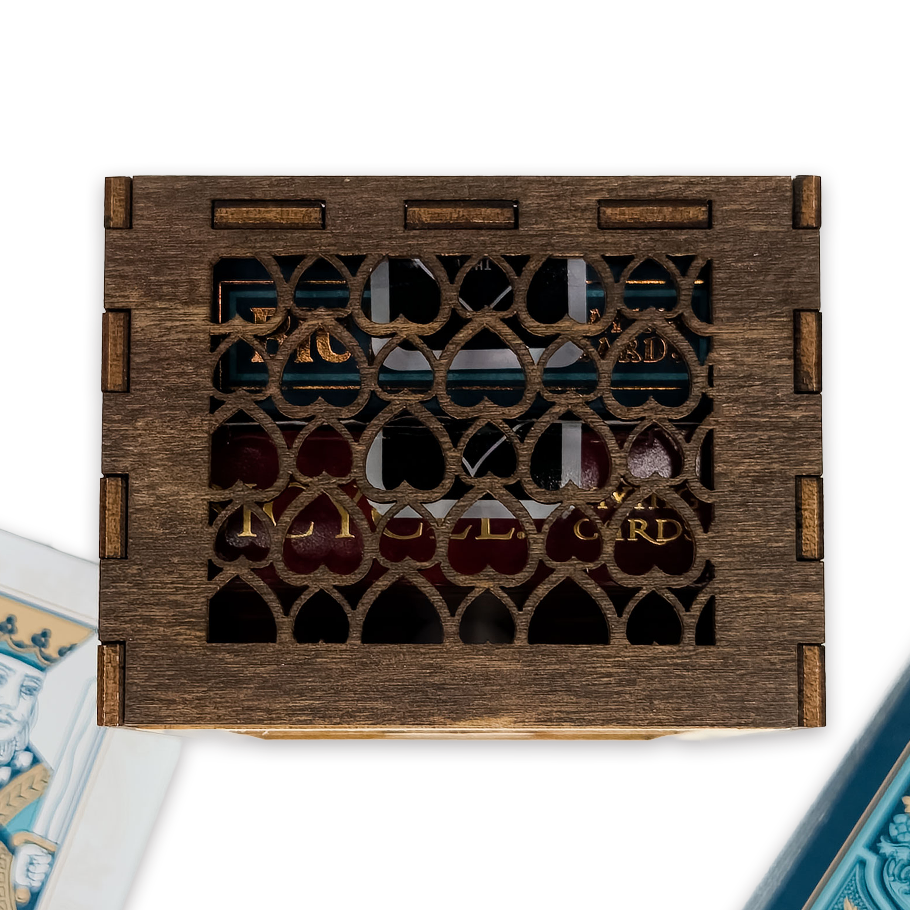 Laser-cut ace of hearts poker card box, walnut & maple birch plywood