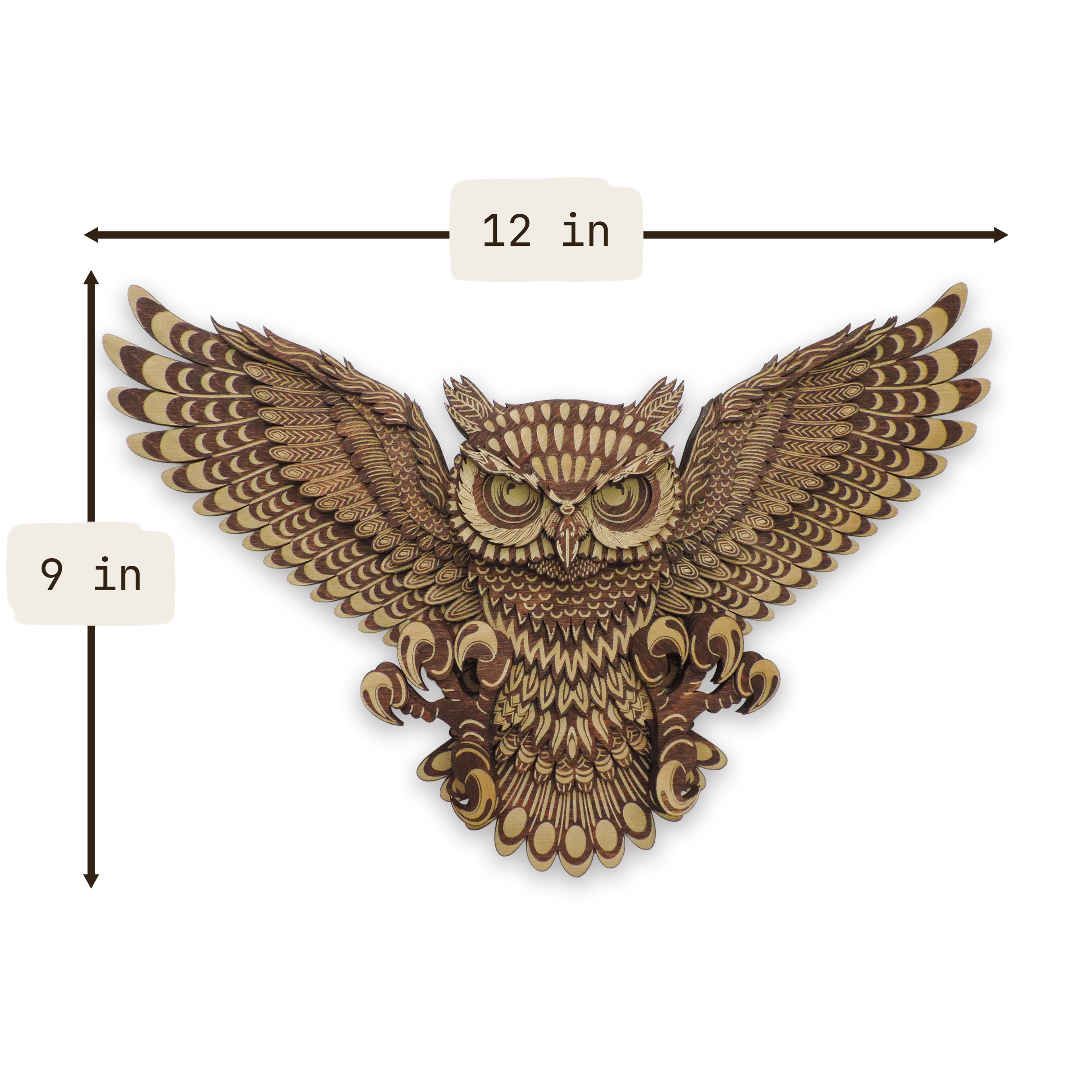 Multilayer 3D laser-cut flying owl wall art, Baltic Birch Plywood — small (12 × 9 in)