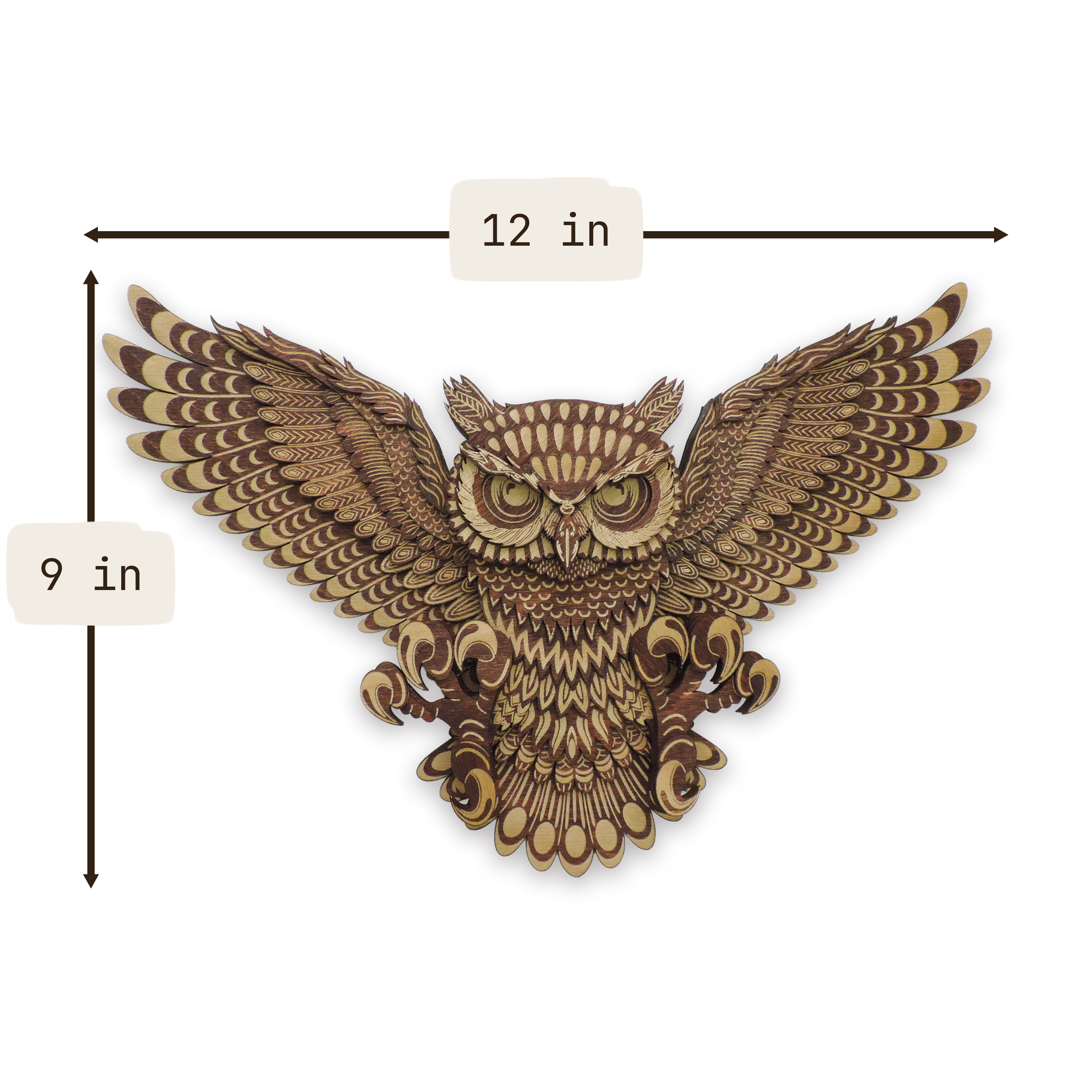 Multilayer 3D laser-cut flying owl wall art, Baltic Birch Plywood — small (12 × 9 in)