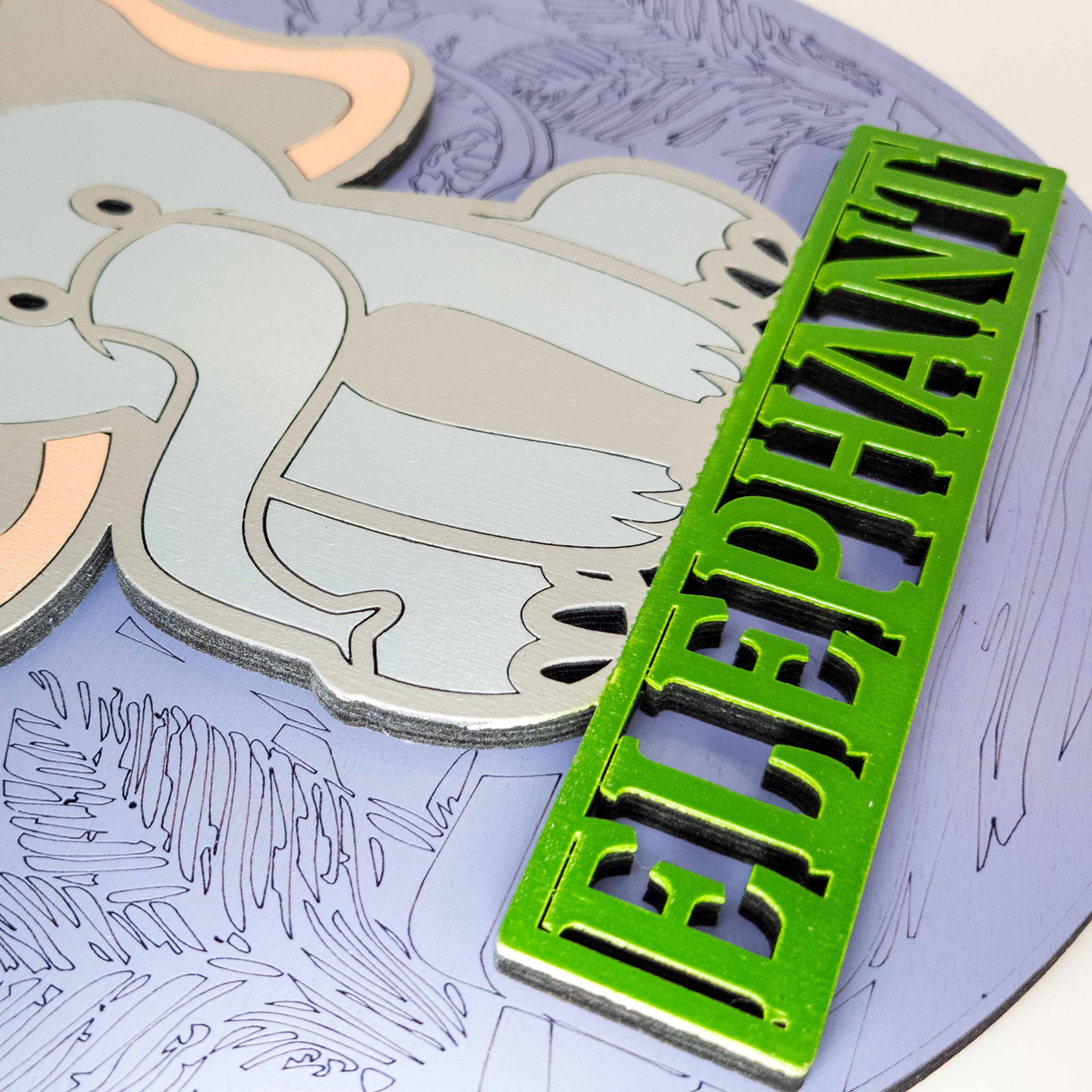 Multilayer 3D laser-cut elephant name sign wall art, Baltic Birch Plywood
