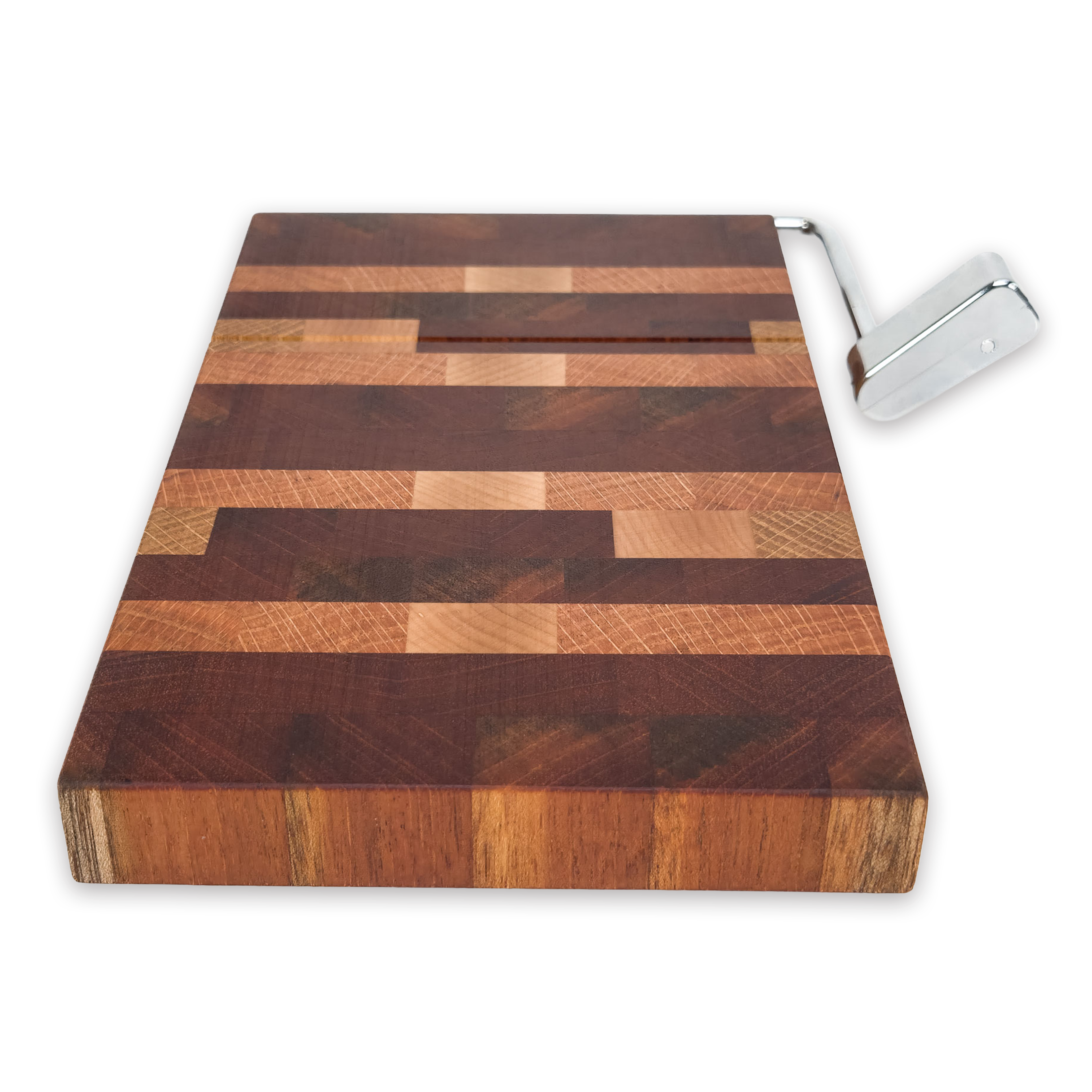 End grain oak, cherry & walnut cheese slicer board with wire cutter, oiled hardwood