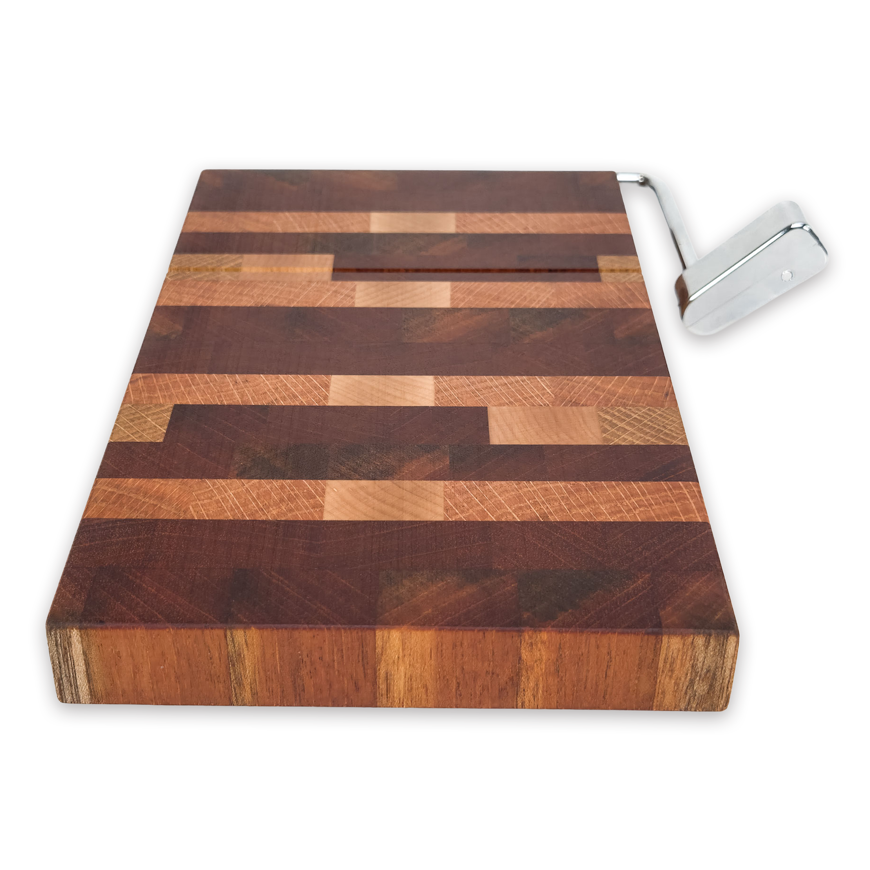 End grain oak, cherry & walnut cheese slicer board with wire cutter, oiled hardwood